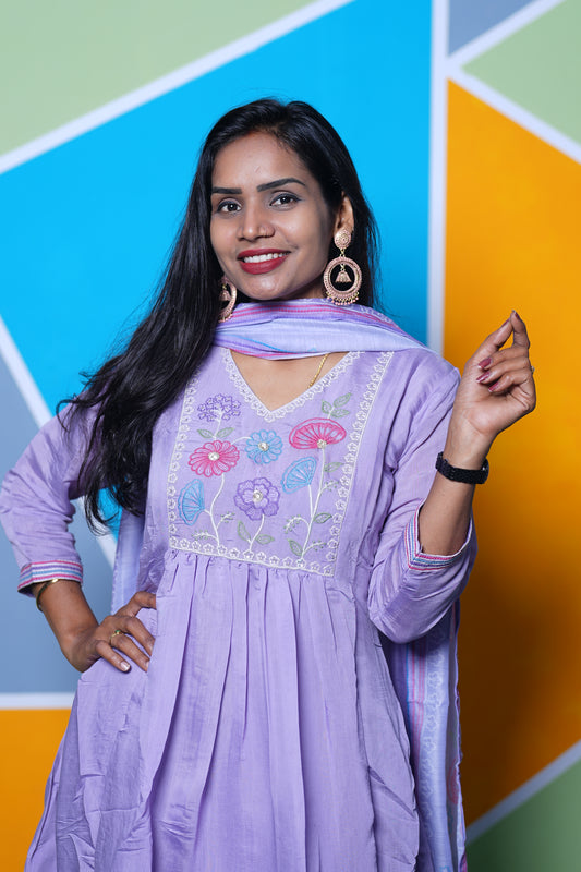 Lavander Color Mul Chandheri Designer Wear 3 Piece Set