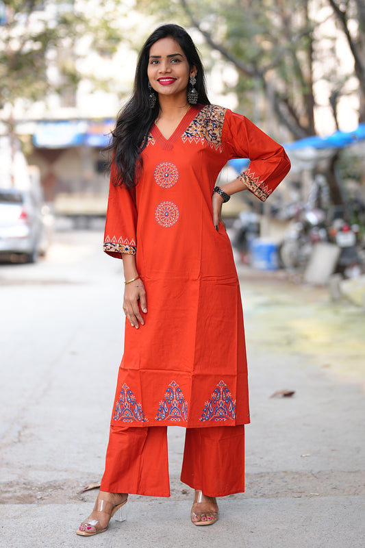 Orange Color Jaipur Cotton Cordset With Kalamkari Patch Work