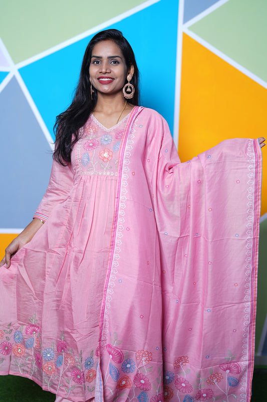 Pink  Color Mul Chandheri Designer Wear 3 Piece Set