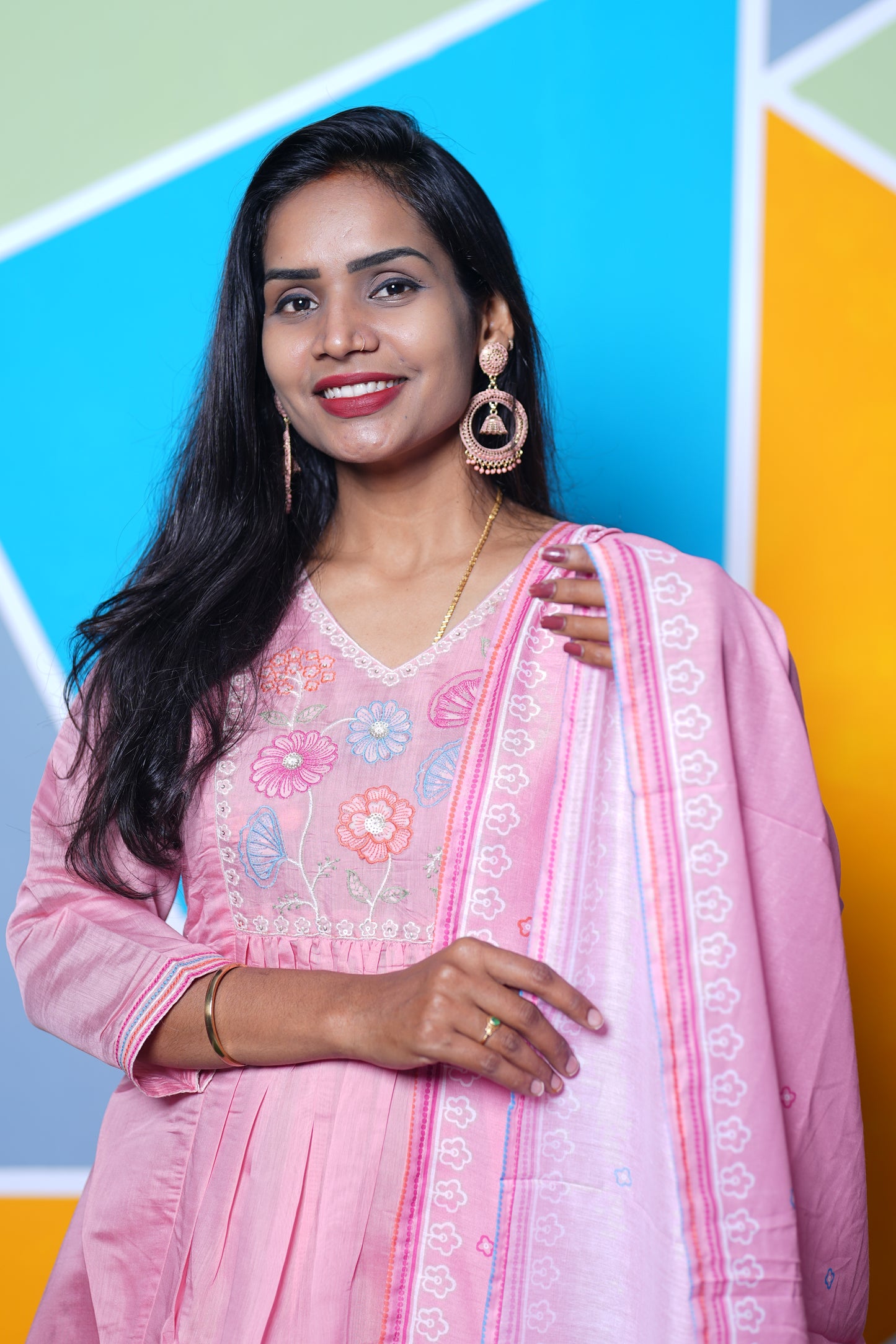 Pink  Color Mul Chandheri Designer Wear 3 Piece Set