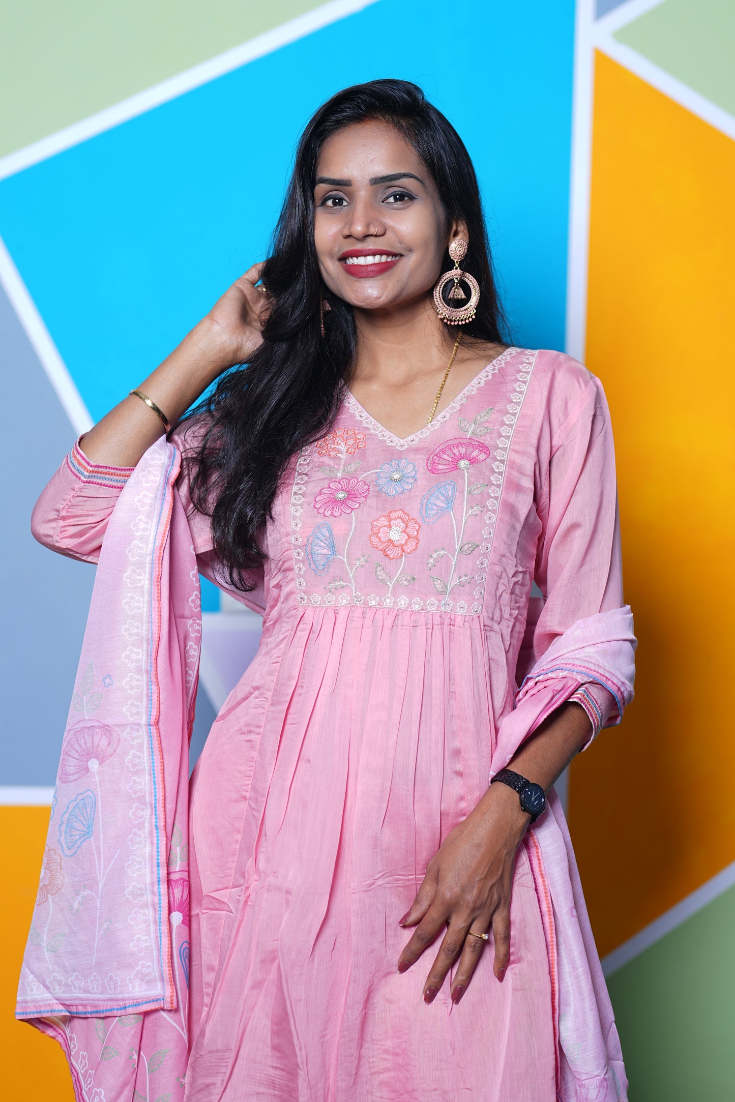 Pink  Color Mul Chandheri Designer Wear 3 Piece Set