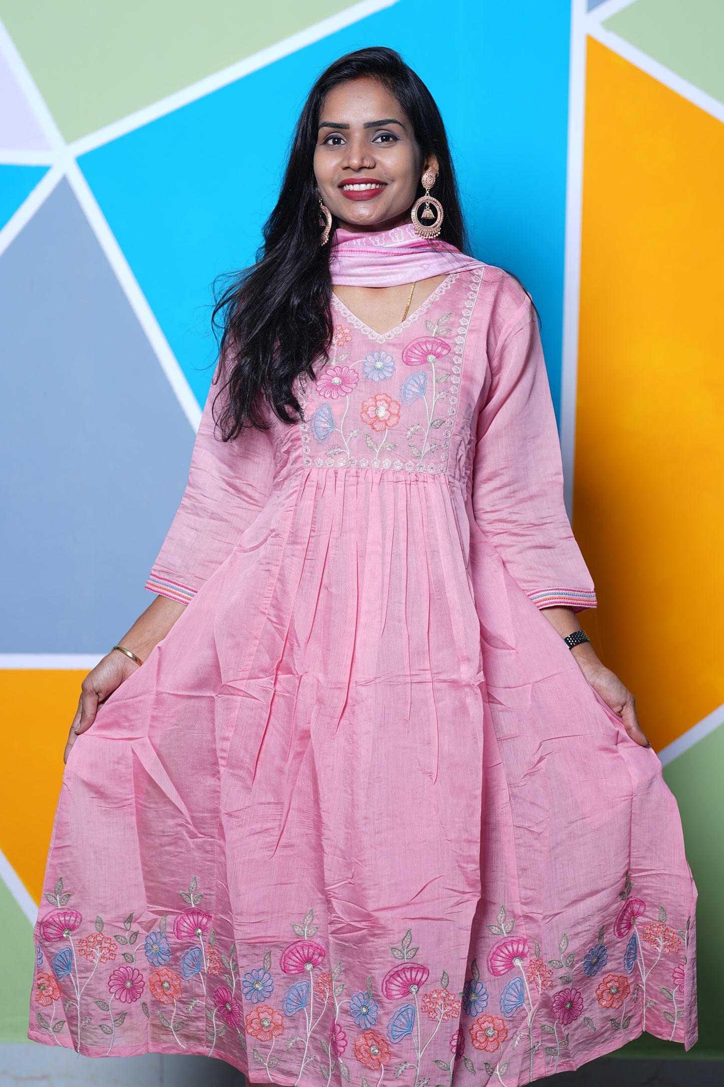 Pink  Color Mul Chandheri Designer Wear 3 Piece Set