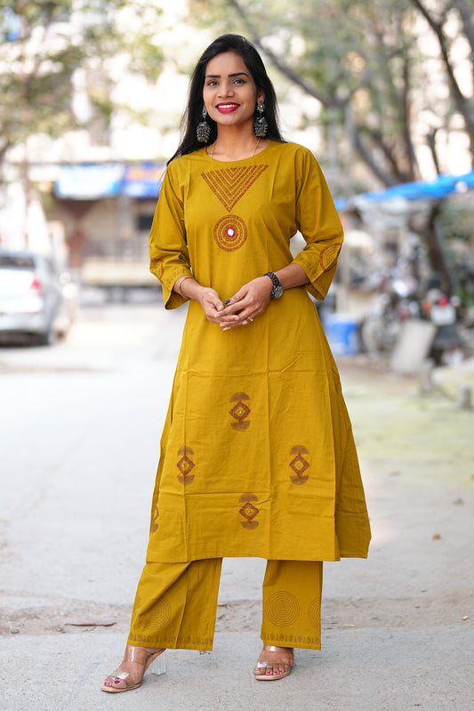 Yellow Color Jaipur Cotton Cordset With Hand Block Print and Embriodary Work