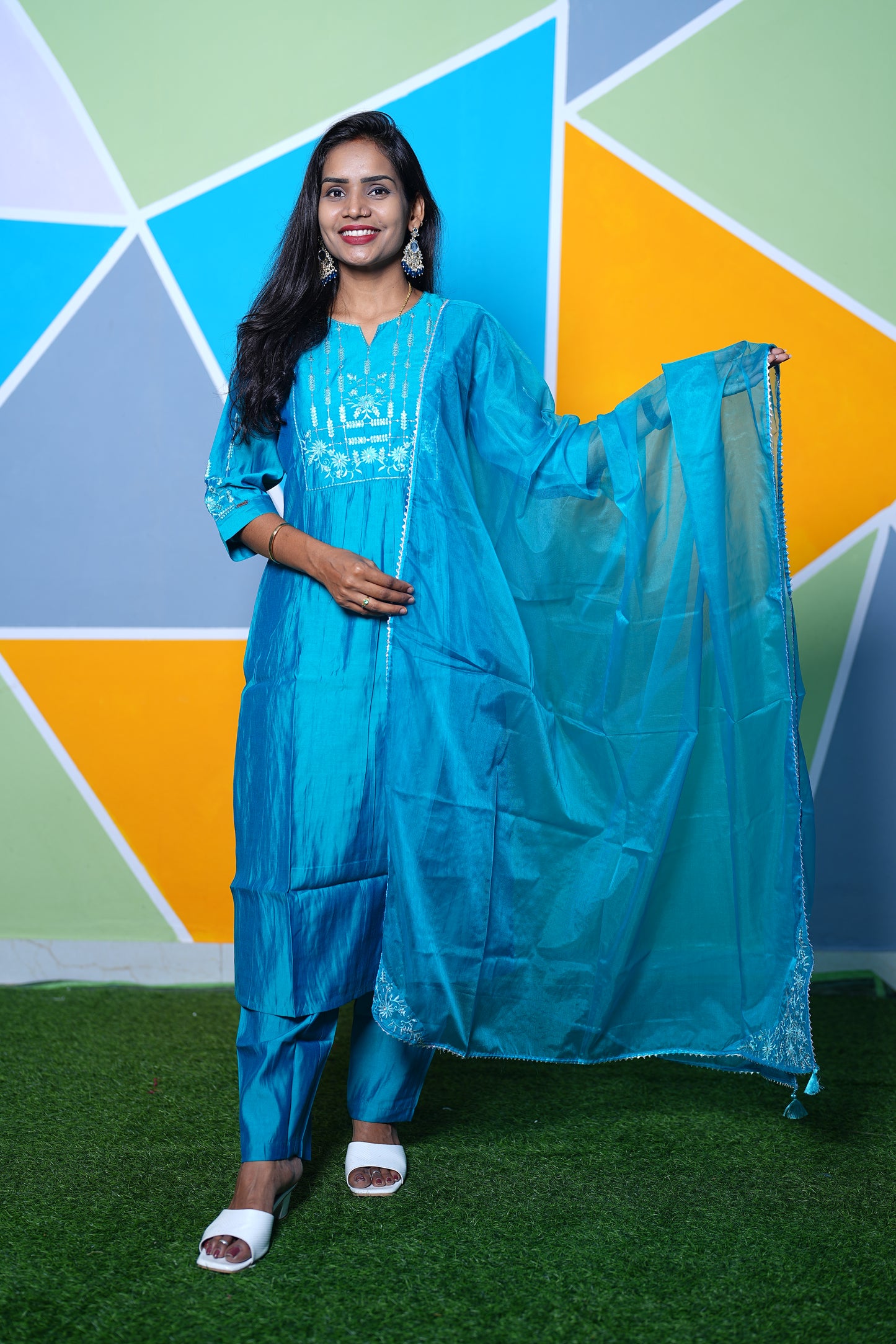 Teal Green Mul chander Festive Wear 3 Piece Set