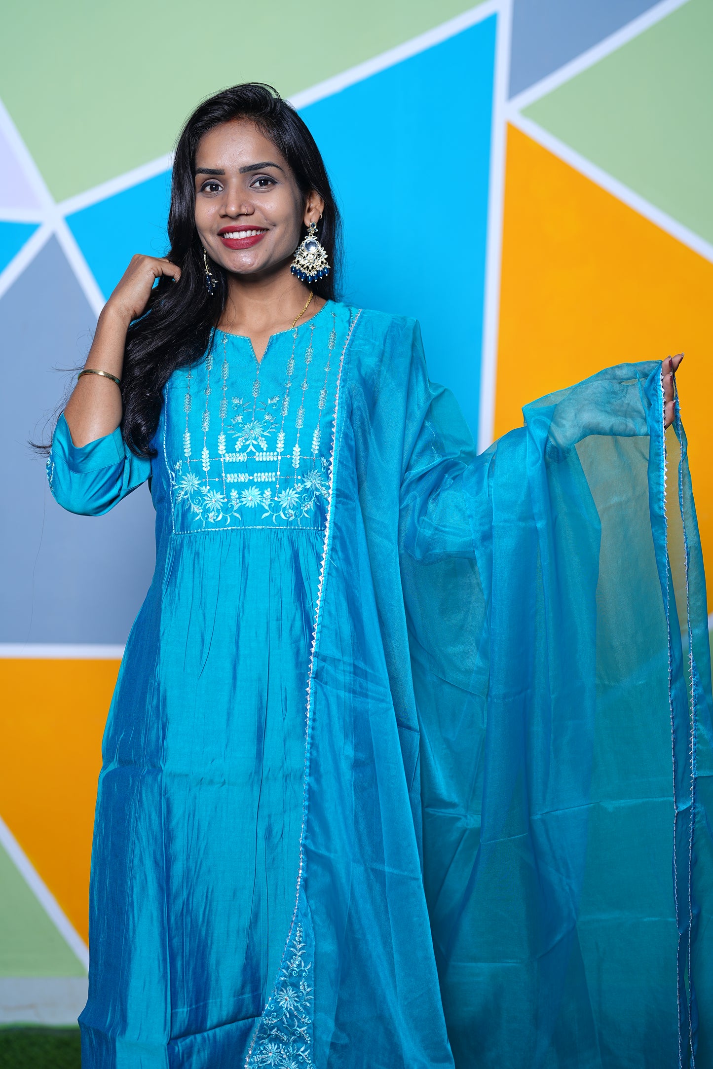 Teal Green Mul chander Festive Wear 3 Piece Set