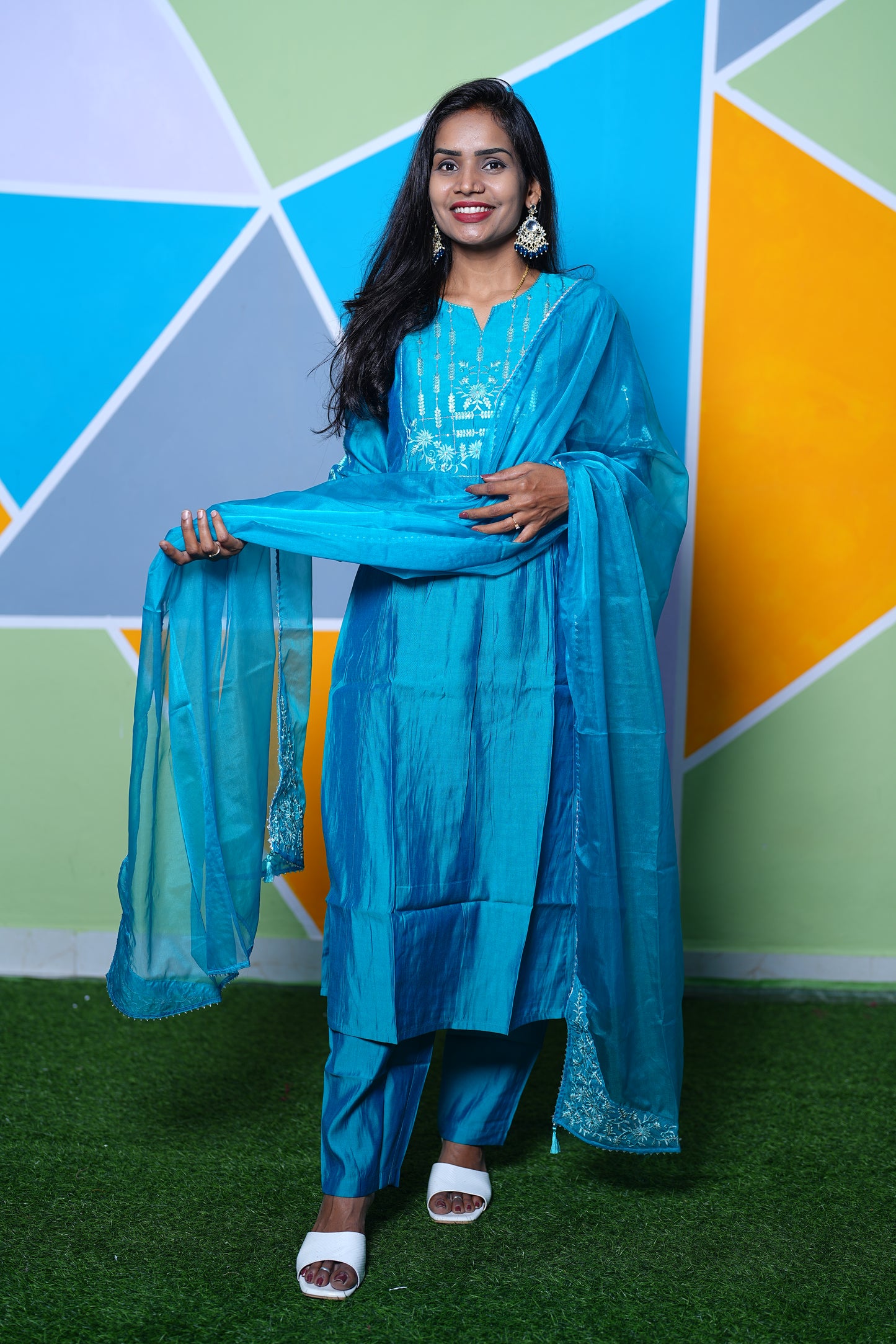 Teal Green Mul chander Festive Wear 3 Piece Set