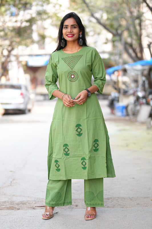 Olive Green Color Jaipur Cotton Cordset With Hand Block Print and Embriodary Work