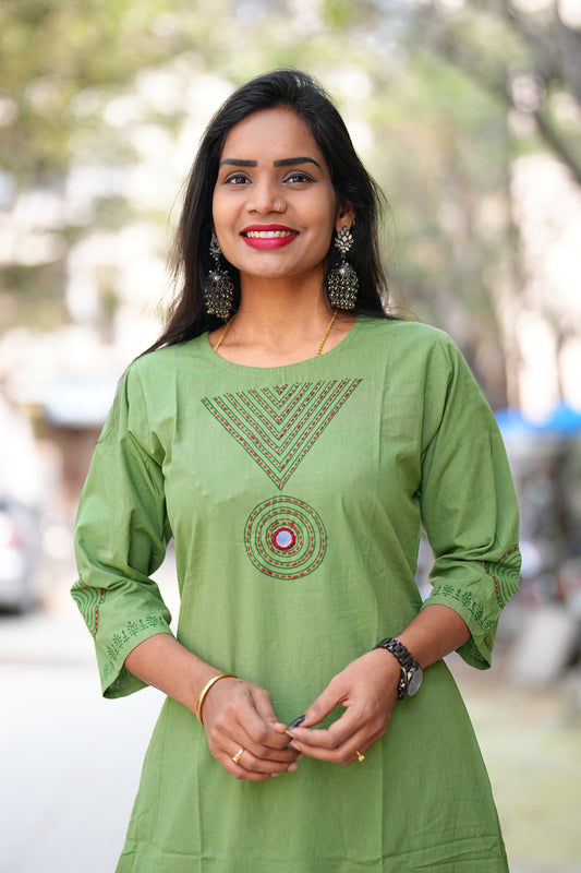 Olive Green Color Jaipur Cotton Cordset With Hand Block Print and Embriodary Work