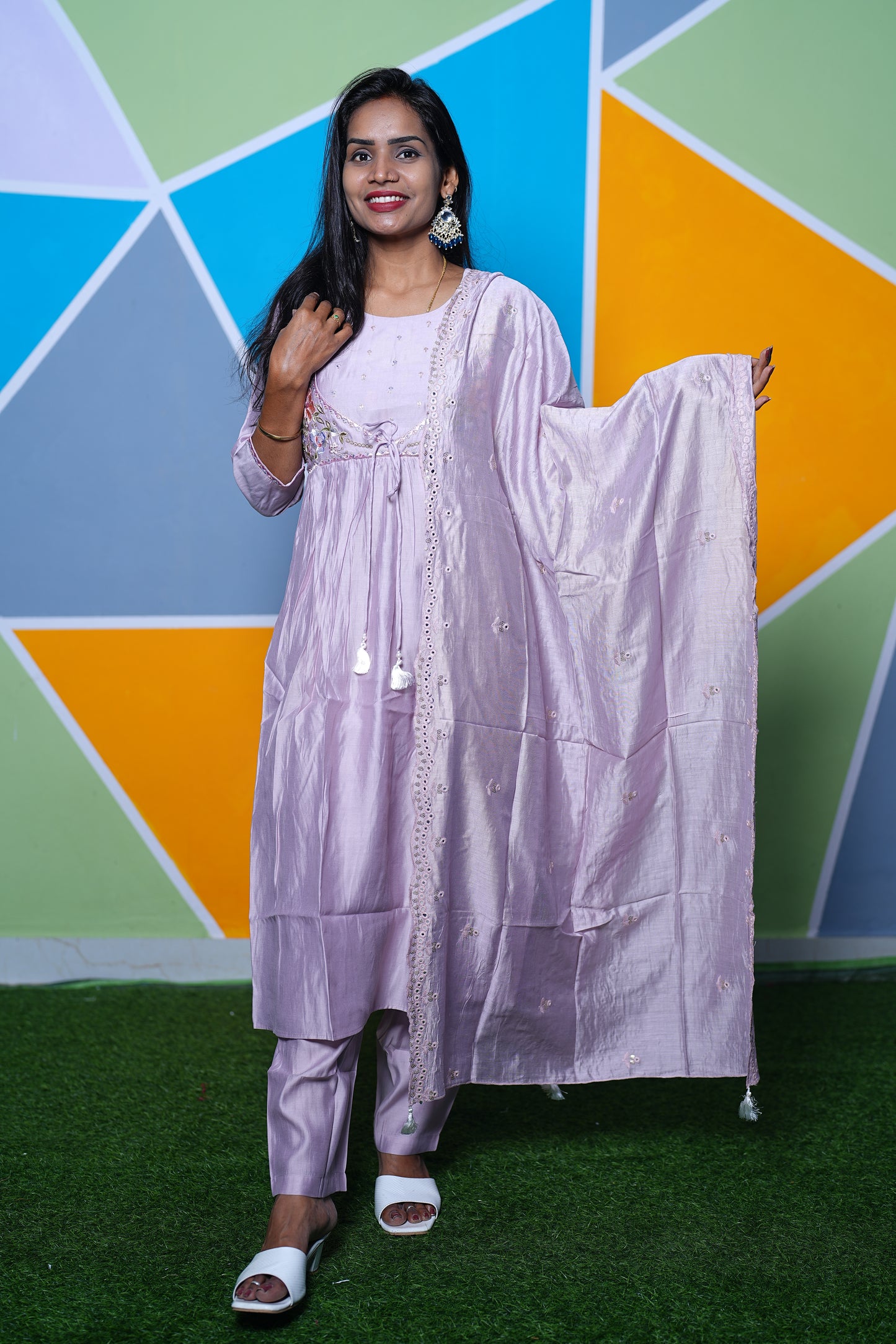 Lavender Color Mul Chanderi Designer Wear 3 Piece Set