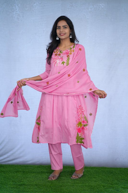 pink Color Jaipur cotton 3 Piece Set With Embroidery Work and Complete Lining