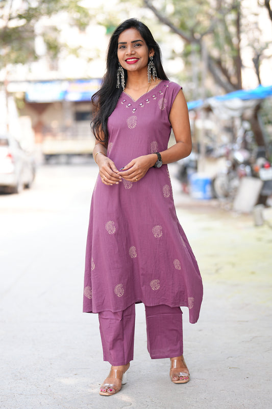 Purple Color Jaipur Cotton Cordset With Hand Block Print and Thread Work