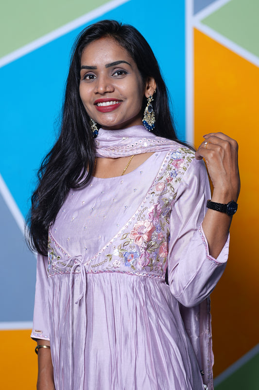 Lavender Color Mul Chanderi Designer Wear 3 Piece Set