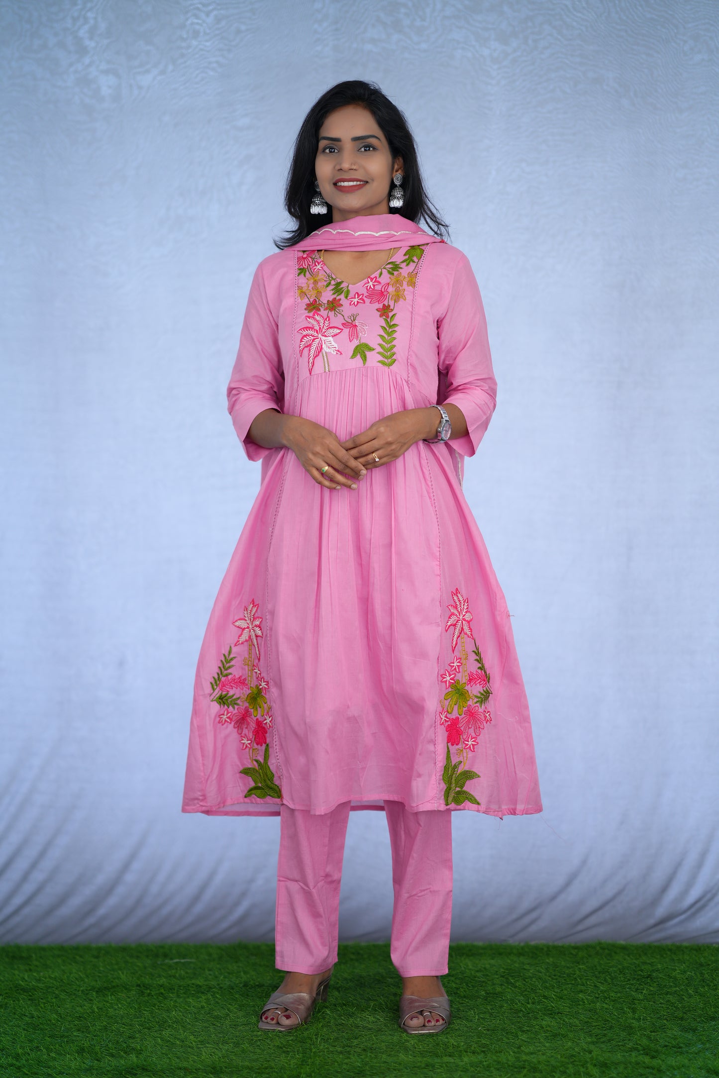 Orange Color Jaipur cotton 3 Piece Set With Embroidery Work and Complete Lining