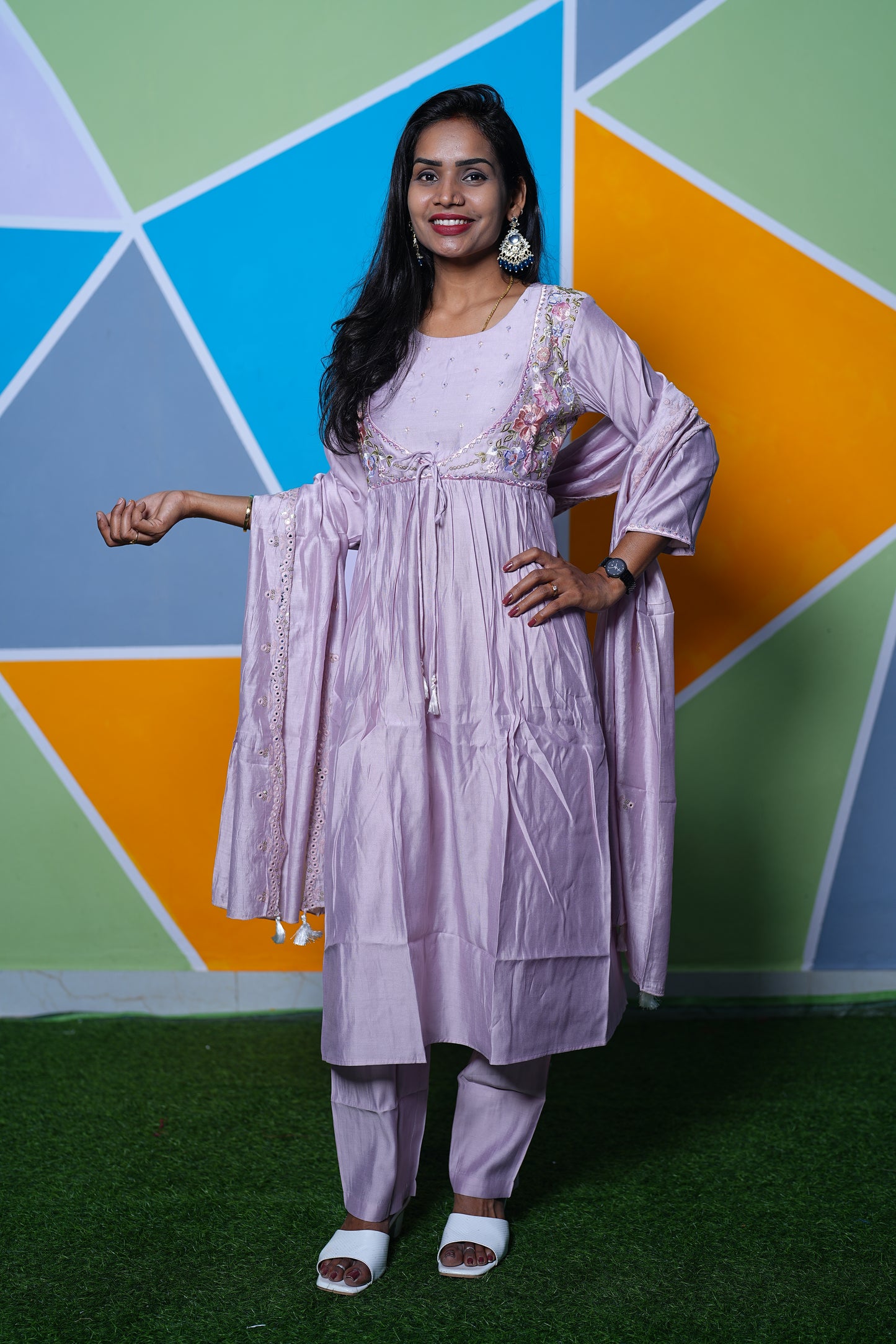 Lavender Color Mul Chanderi Designer Wear 3 Piece Set