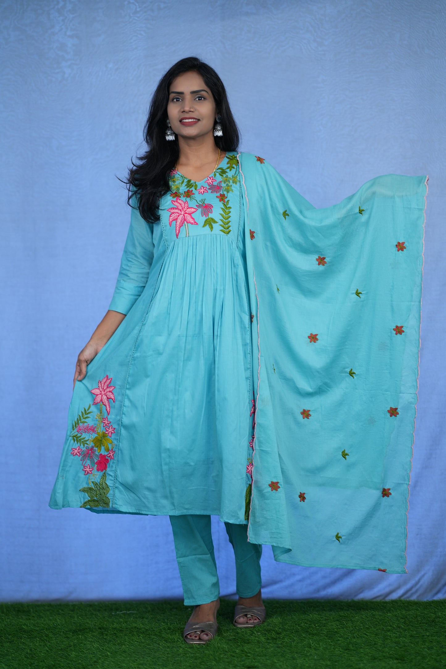 Sea Green Color Jaipur cotton 3 Piece Set With Embroidery Work and Complete Lining