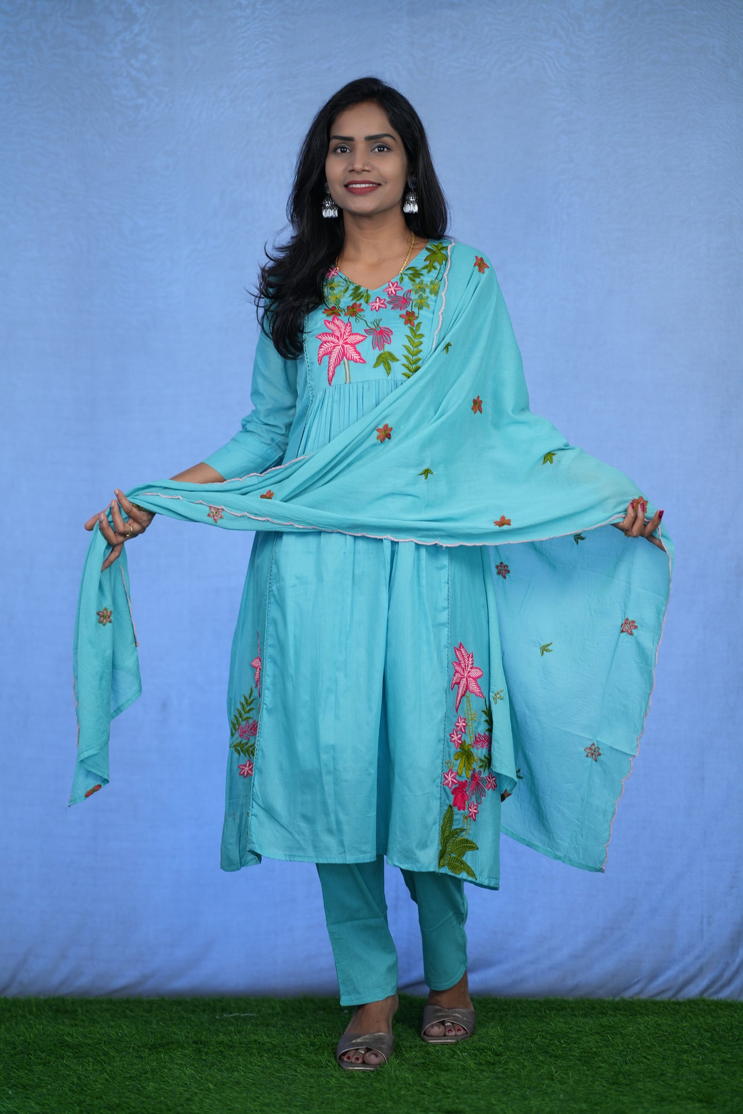 Sea Green Color Jaipur cotton 3 Piece Set With Embroidery Work and Complete Lining