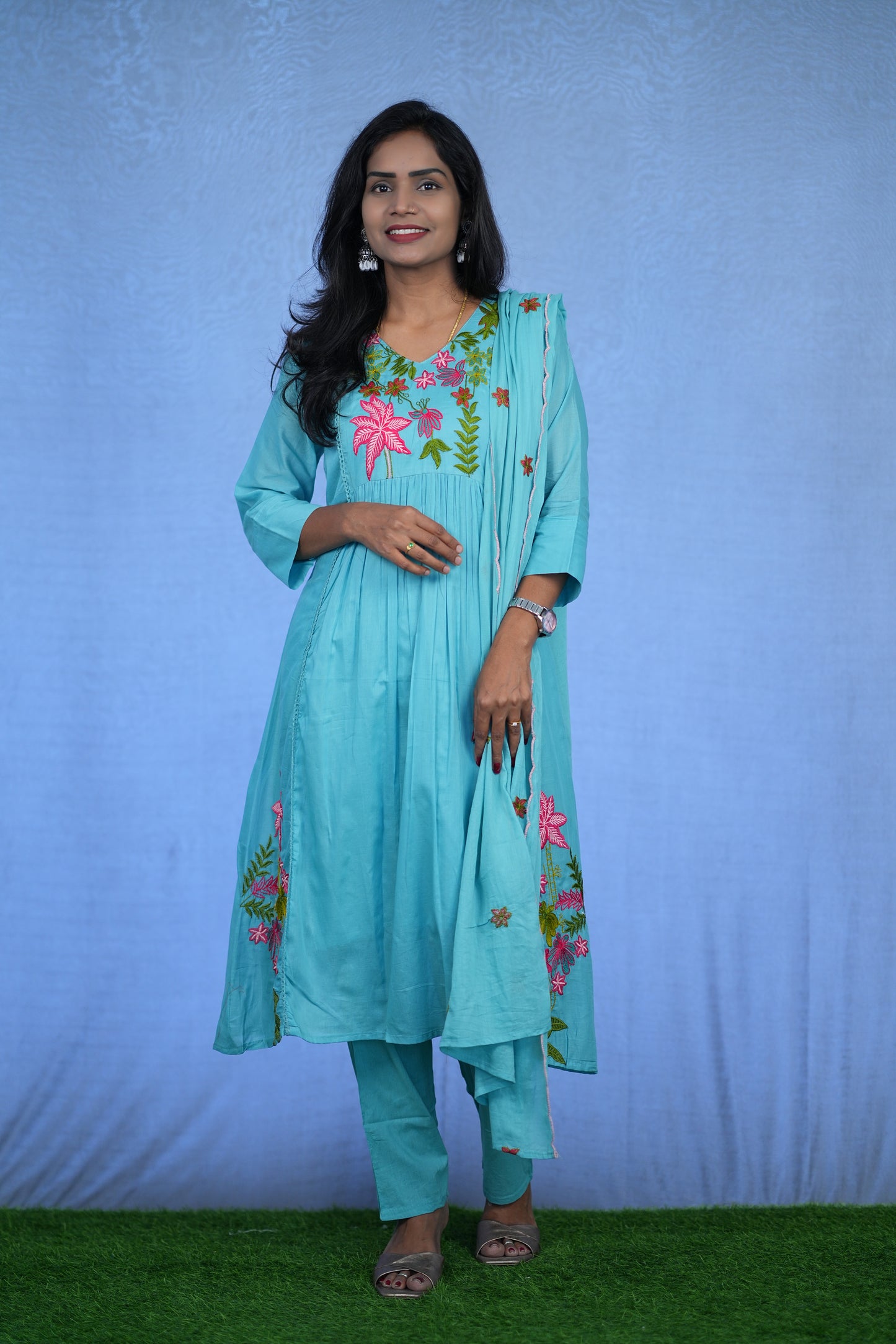 Sea Green Color Jaipur cotton 3 Piece Set With Embroidery Work and Complete Lining