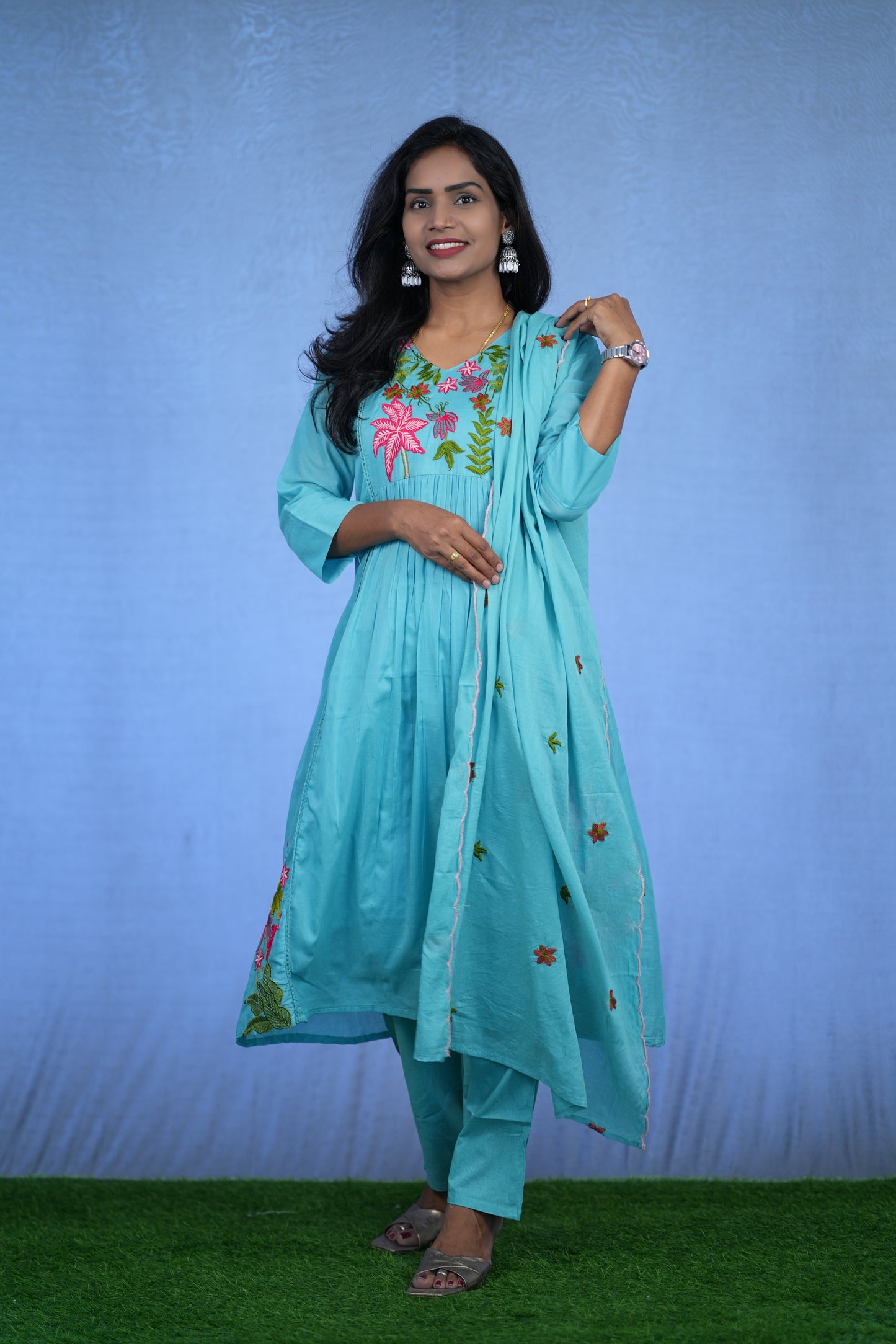 Sea Green Color Jaipur cotton 3 Piece Set With Embroidery Work and Complete Lining