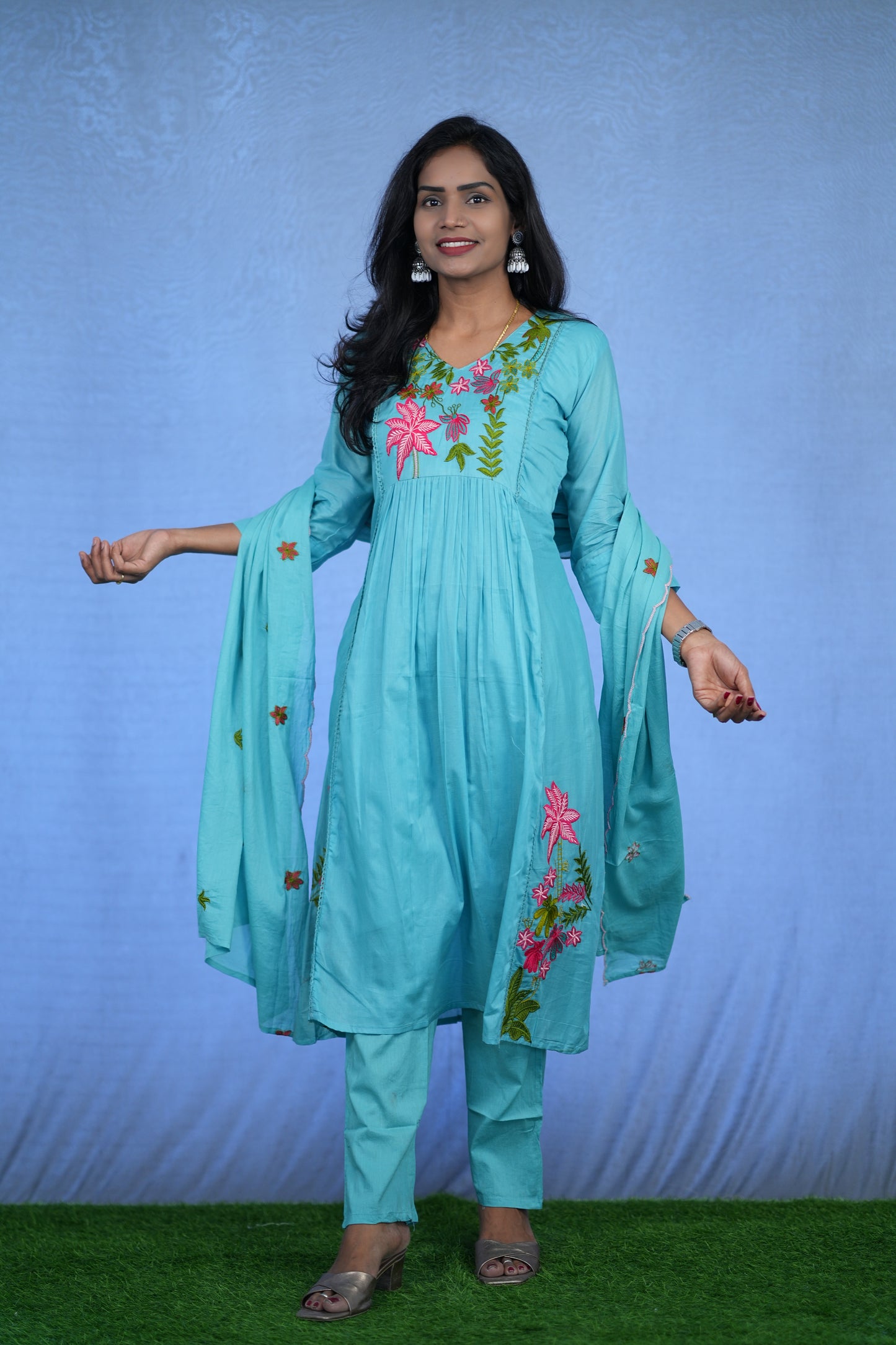 Sea Green Color Jaipur cotton 3 Piece Set With Embroidery Work and Complete Lining