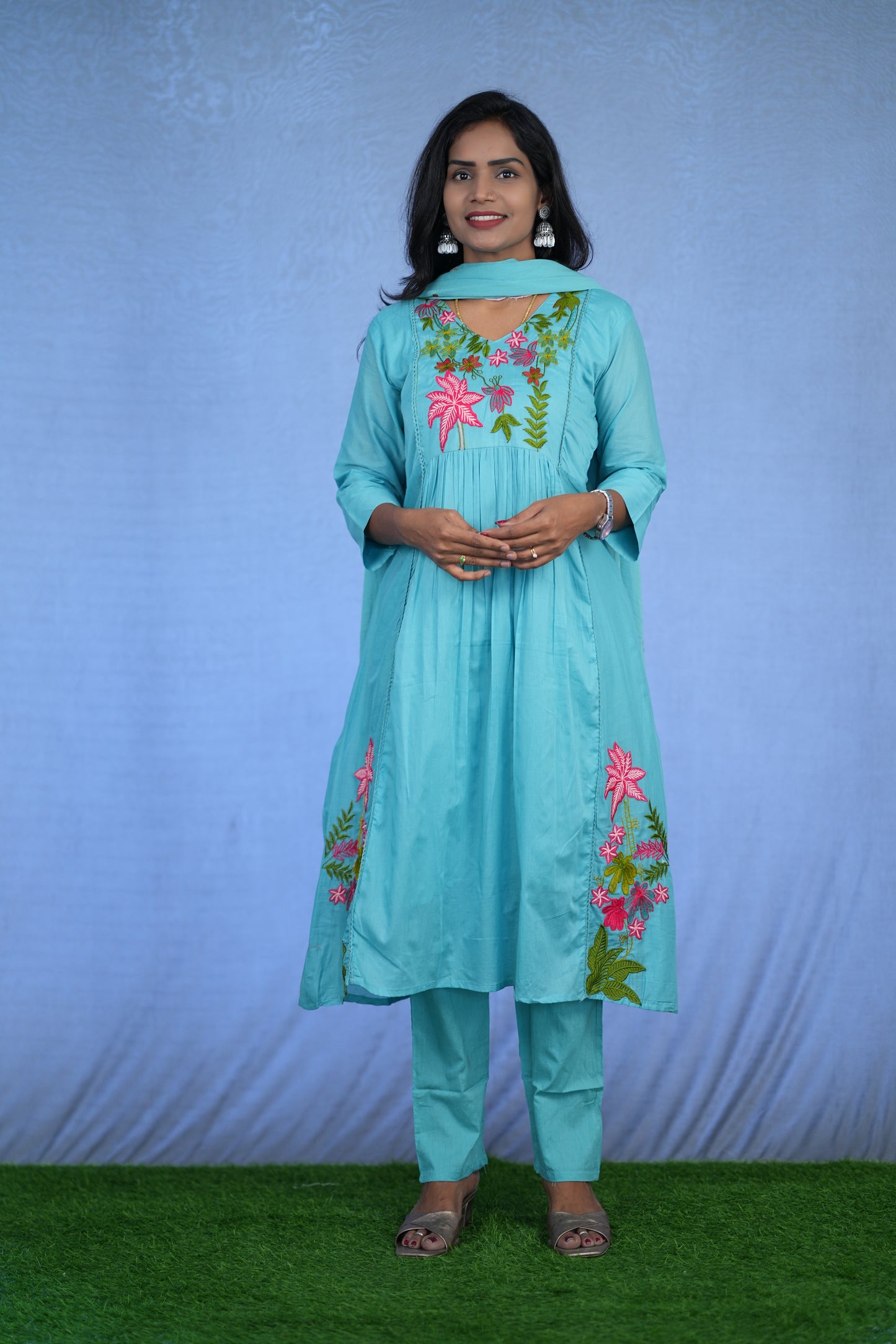 Sea Green Color Jaipur cotton 3 Piece Set With Embroidery Work and Complete Lining
