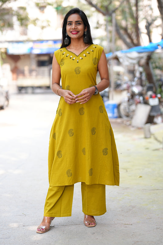 Yellow Color Jaipur Cotton Cordset With Hand Block Print and Thread Work