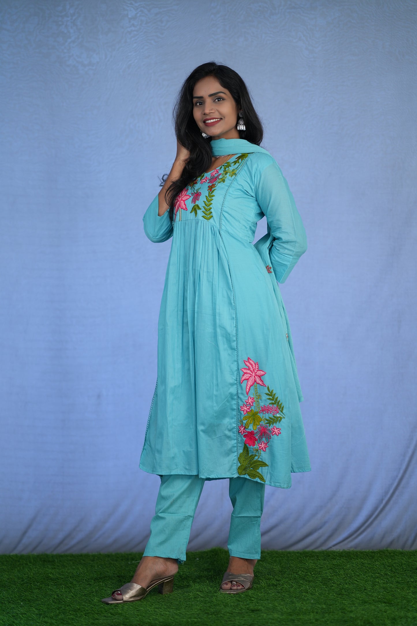 Sea Green Color Jaipur cotton 3 Piece Set With Embroidery Work and Complete Lining