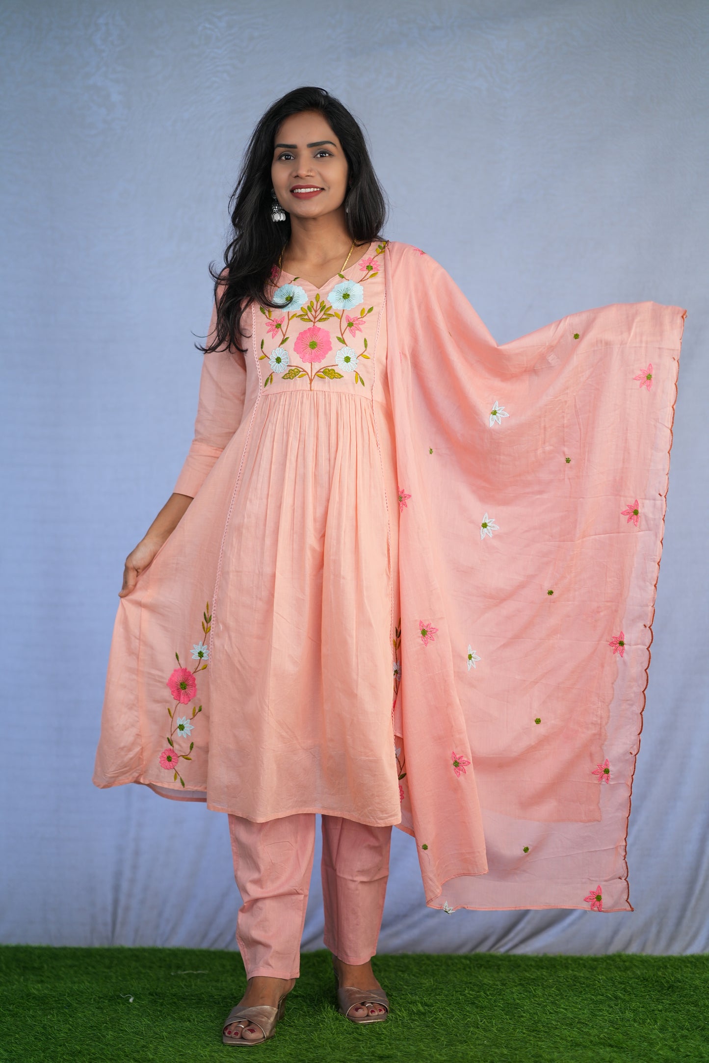 Peach Color Jaipur cotton 3 Piece Set With Embroidery Work and Complete Lining