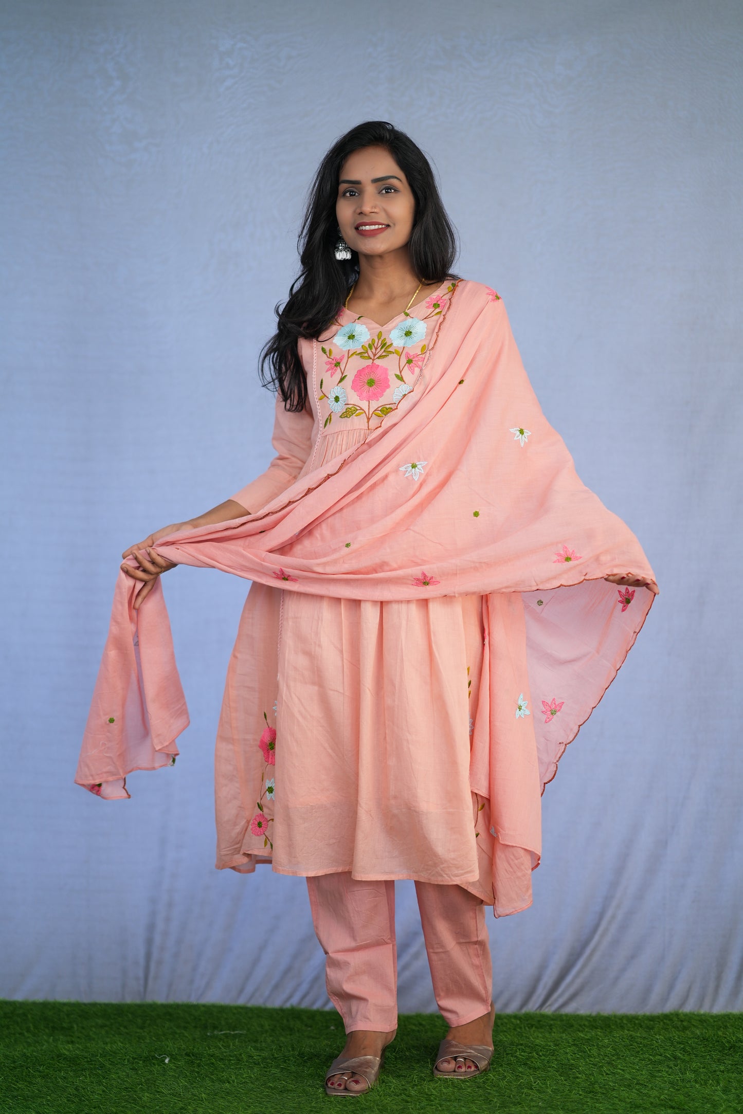 Peach Color Jaipur cotton 3 Piece Set With Embroidery Work and Complete Lining
