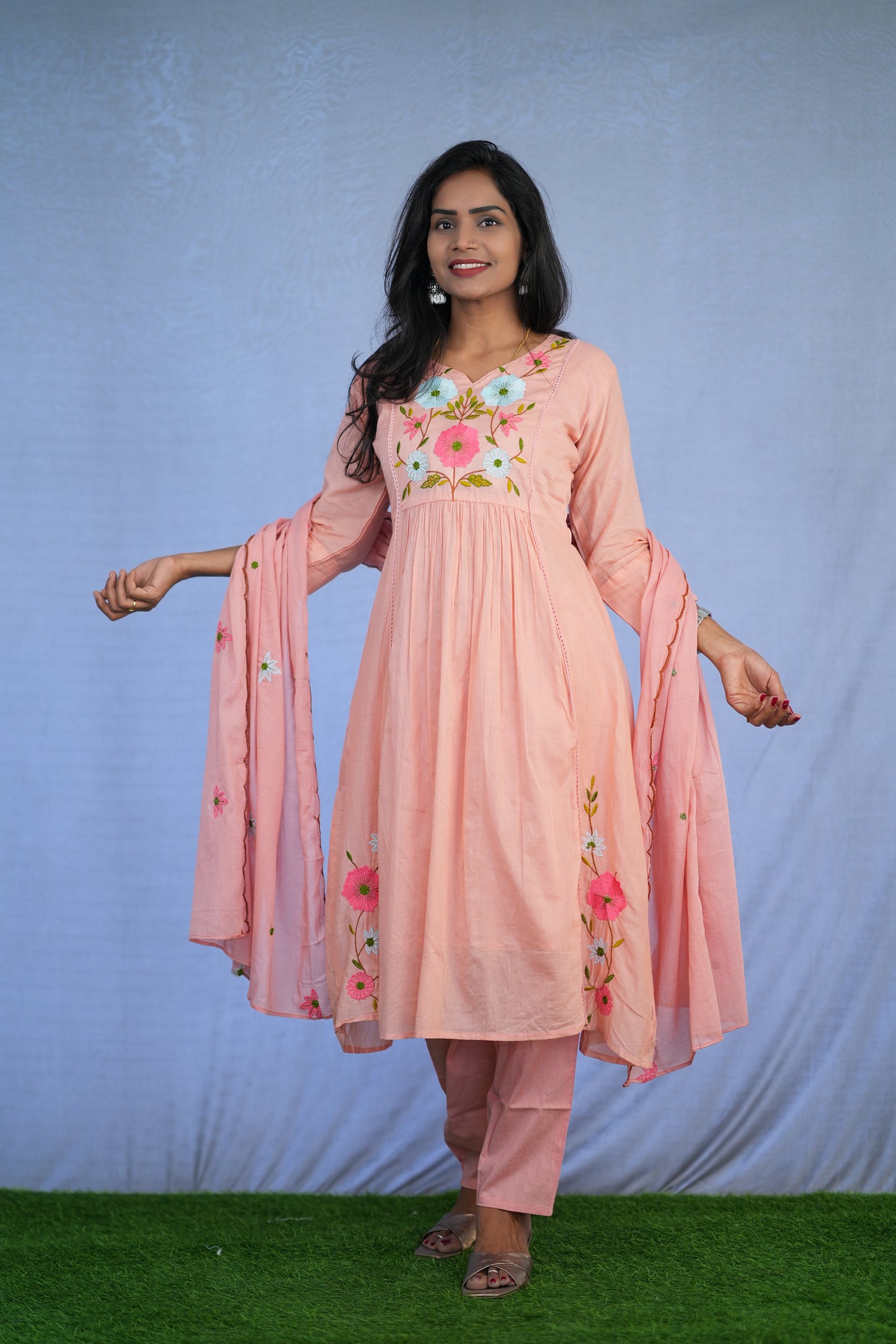Peach Color Jaipur cotton 3 Piece Set With Embroidery Work and Complete Lining