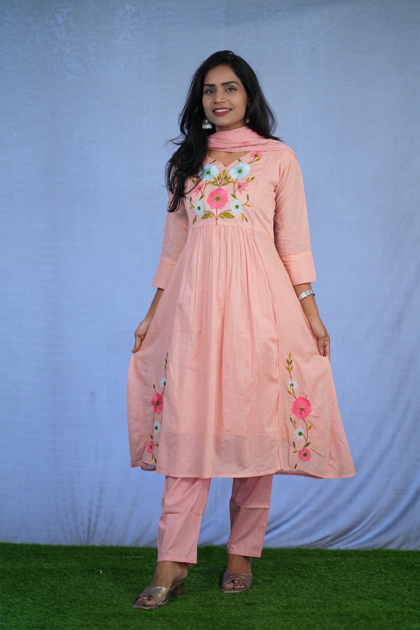 Peach Color Jaipur cotton 3 Piece Set With Embroidery Work and Complete Lining