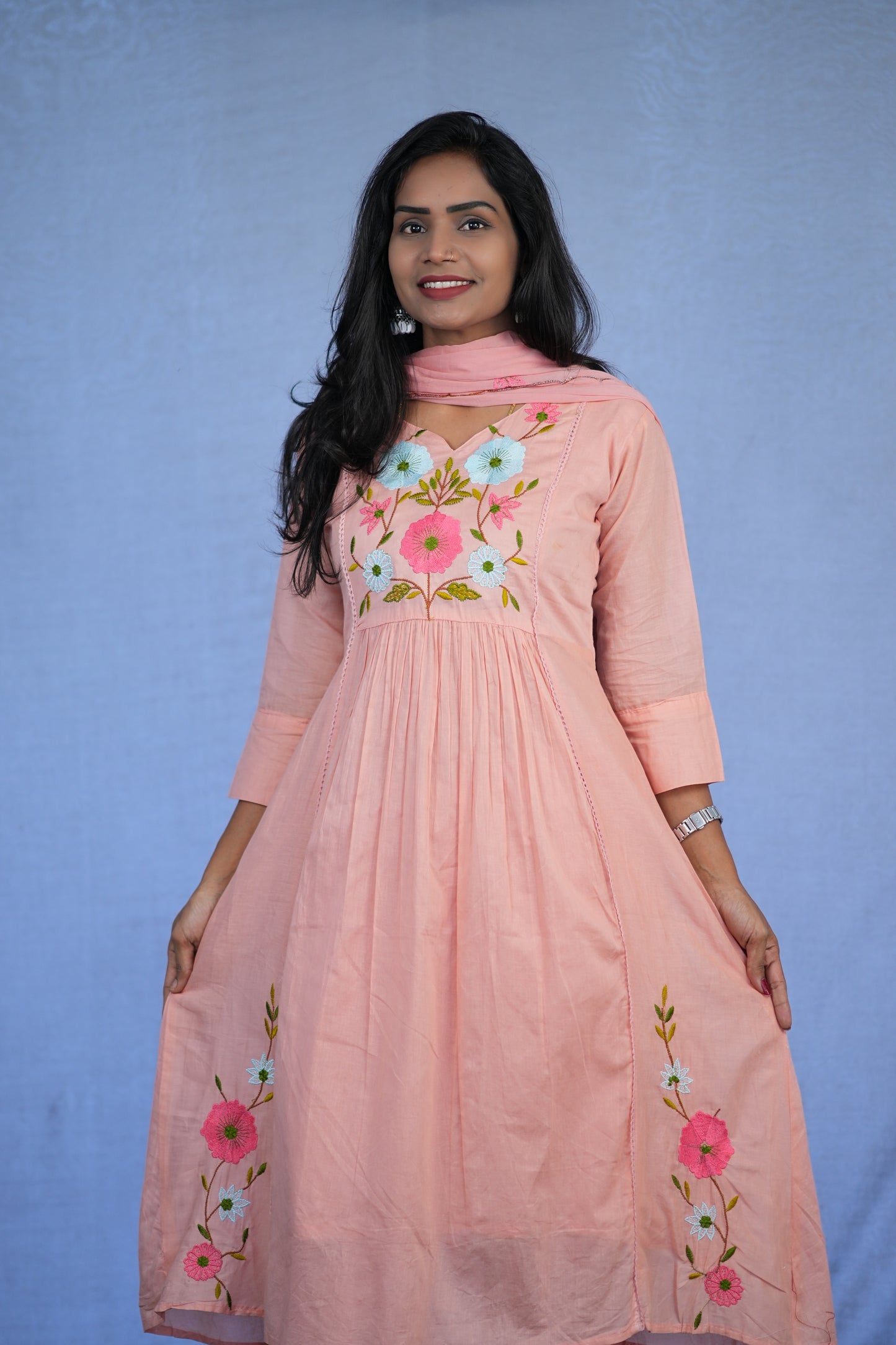 Peach Color Jaipur cotton 3 Piece Set With Embroidery Work and Complete Lining