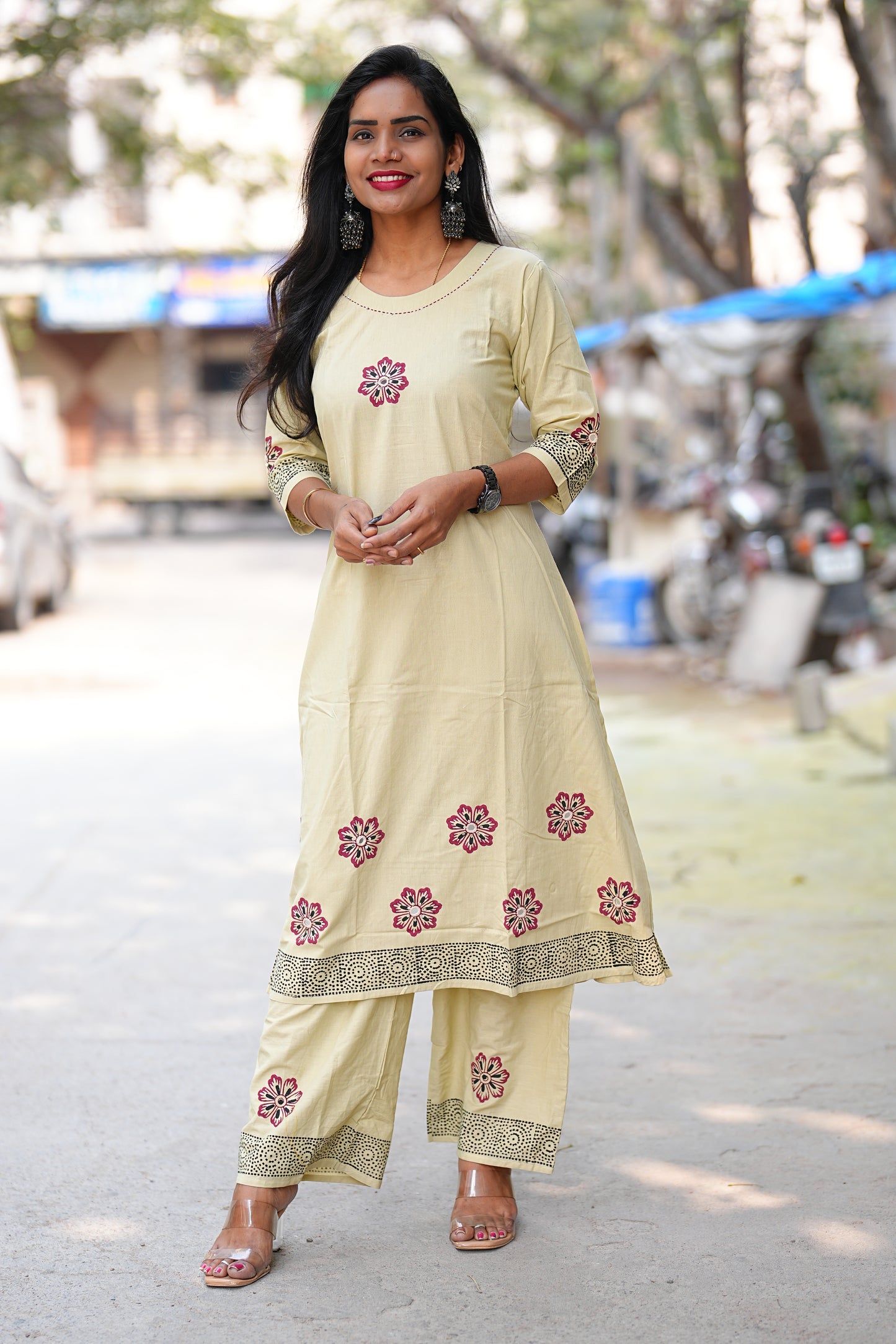 Beige Color Jaipur Cotton Cordset With Hand Block Print