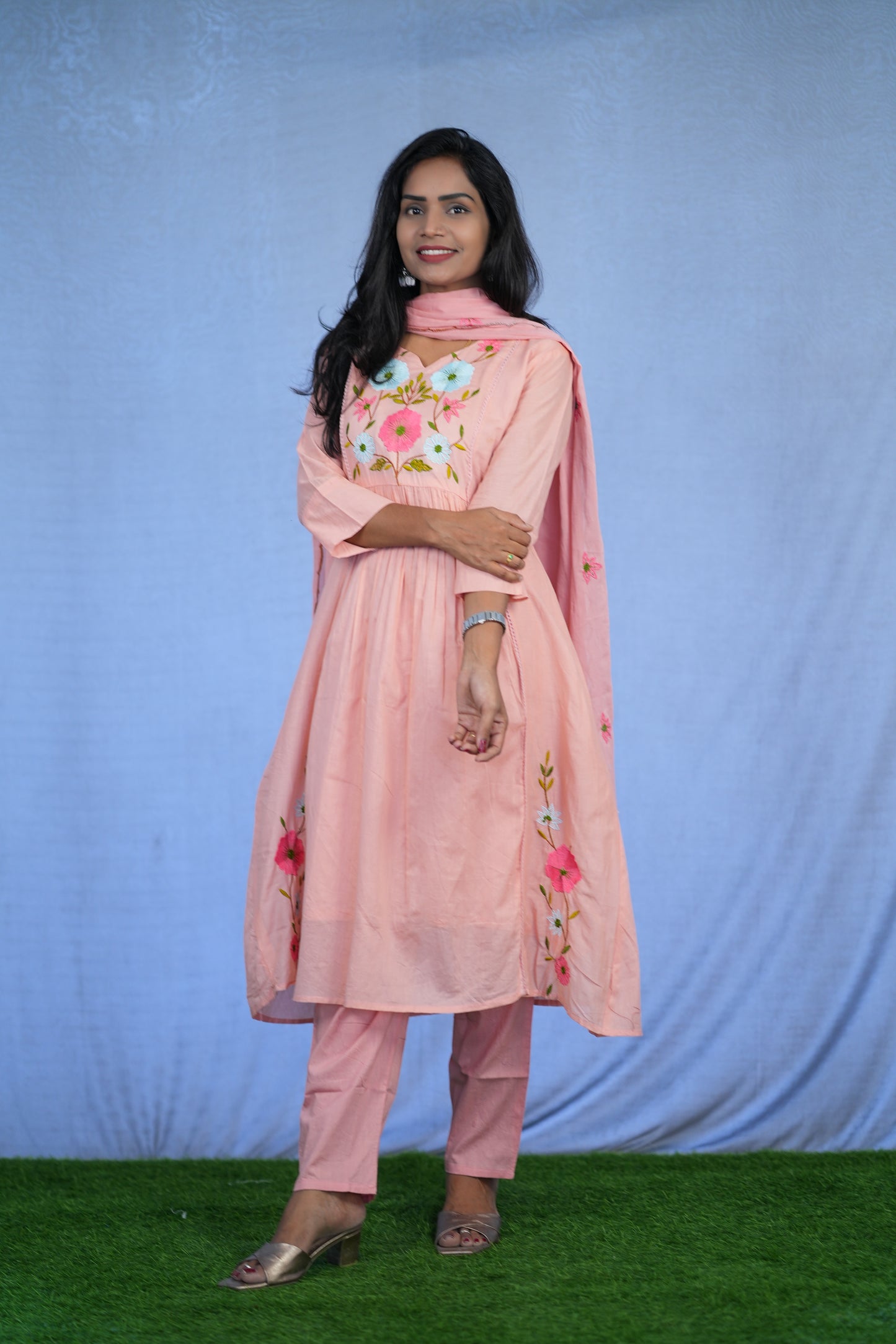 Peach Color Jaipur cotton 3 Piece Set With Embroidery Work and Complete Lining