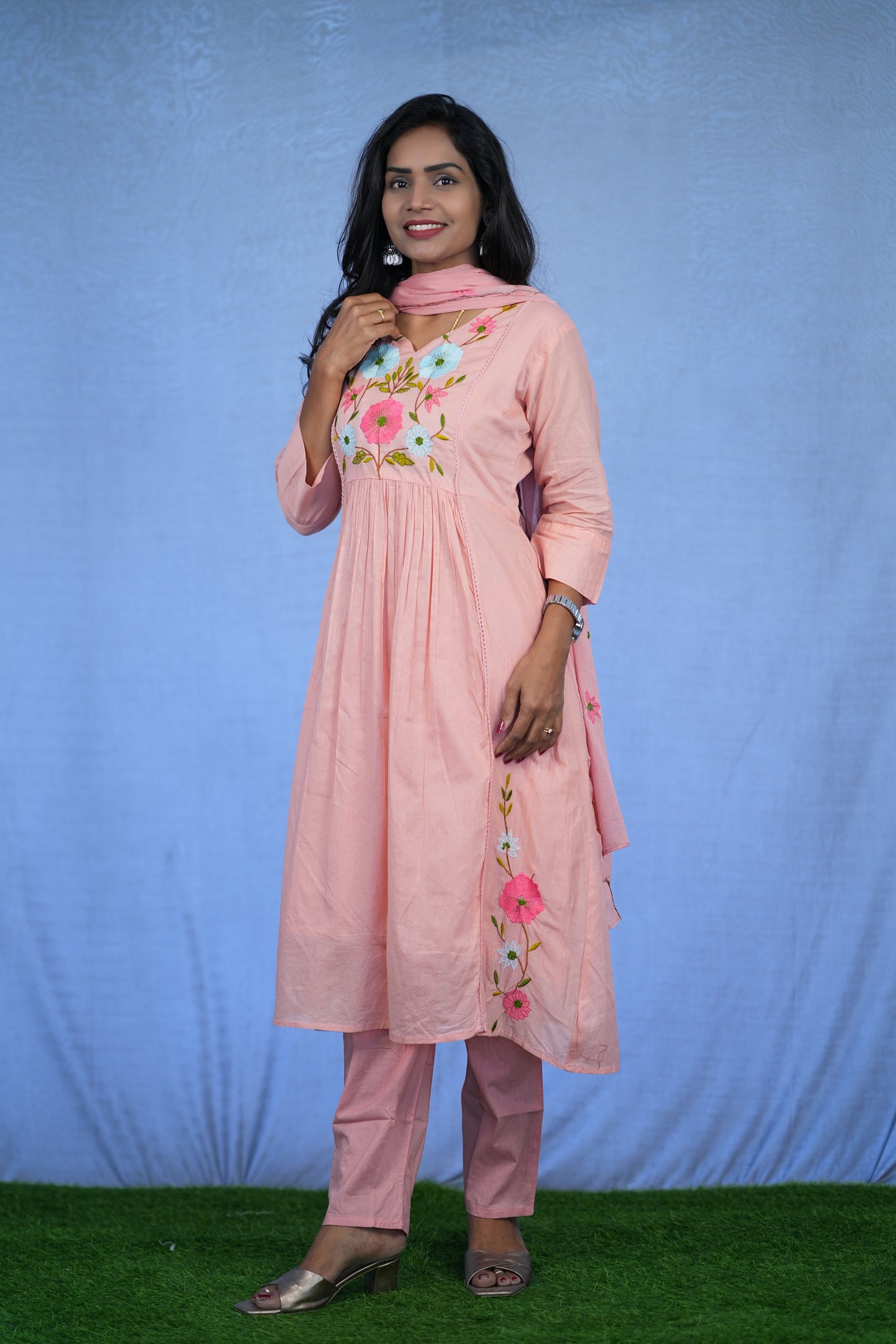 Peach Color Jaipur cotton 3 Piece Set With Embroidery Work and Complete Lining