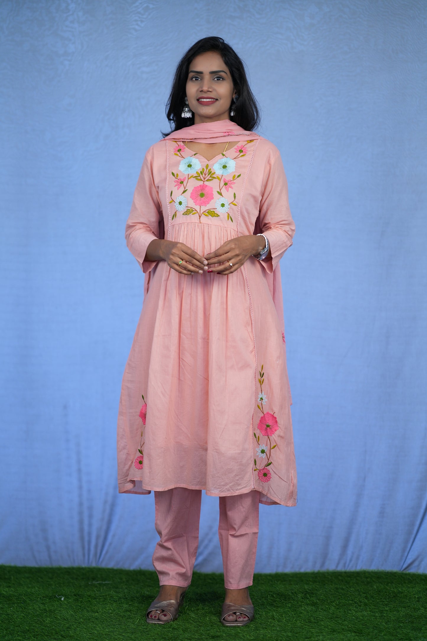 Peach Color Jaipur cotton 3 Piece Set With Embroidery Work and Complete Lining