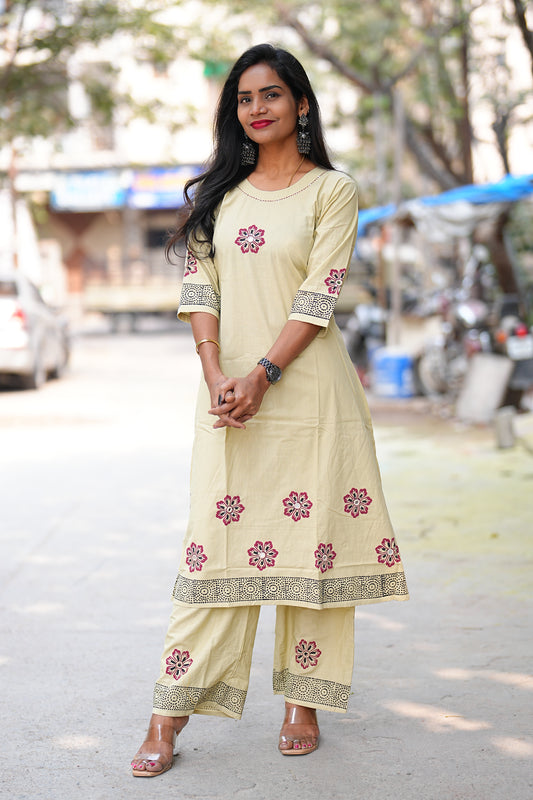 Beige Color Jaipur Cotton Cordset With Hand Block Print