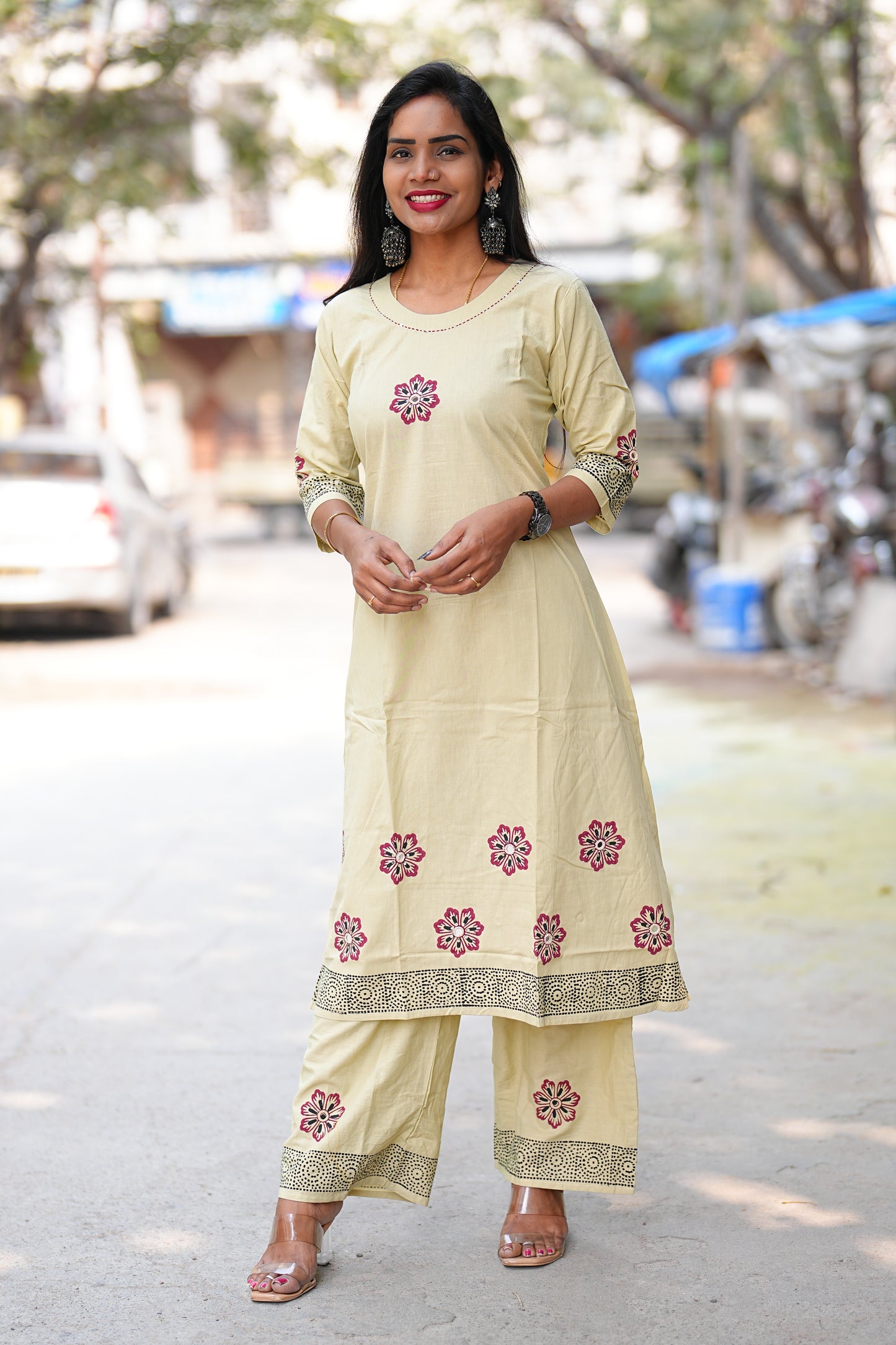 Beige Color Jaipur Cotton Cordset With Hand Block Print