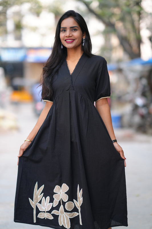 Black Color Jaipuri Cotton Frock With Embroidery Work