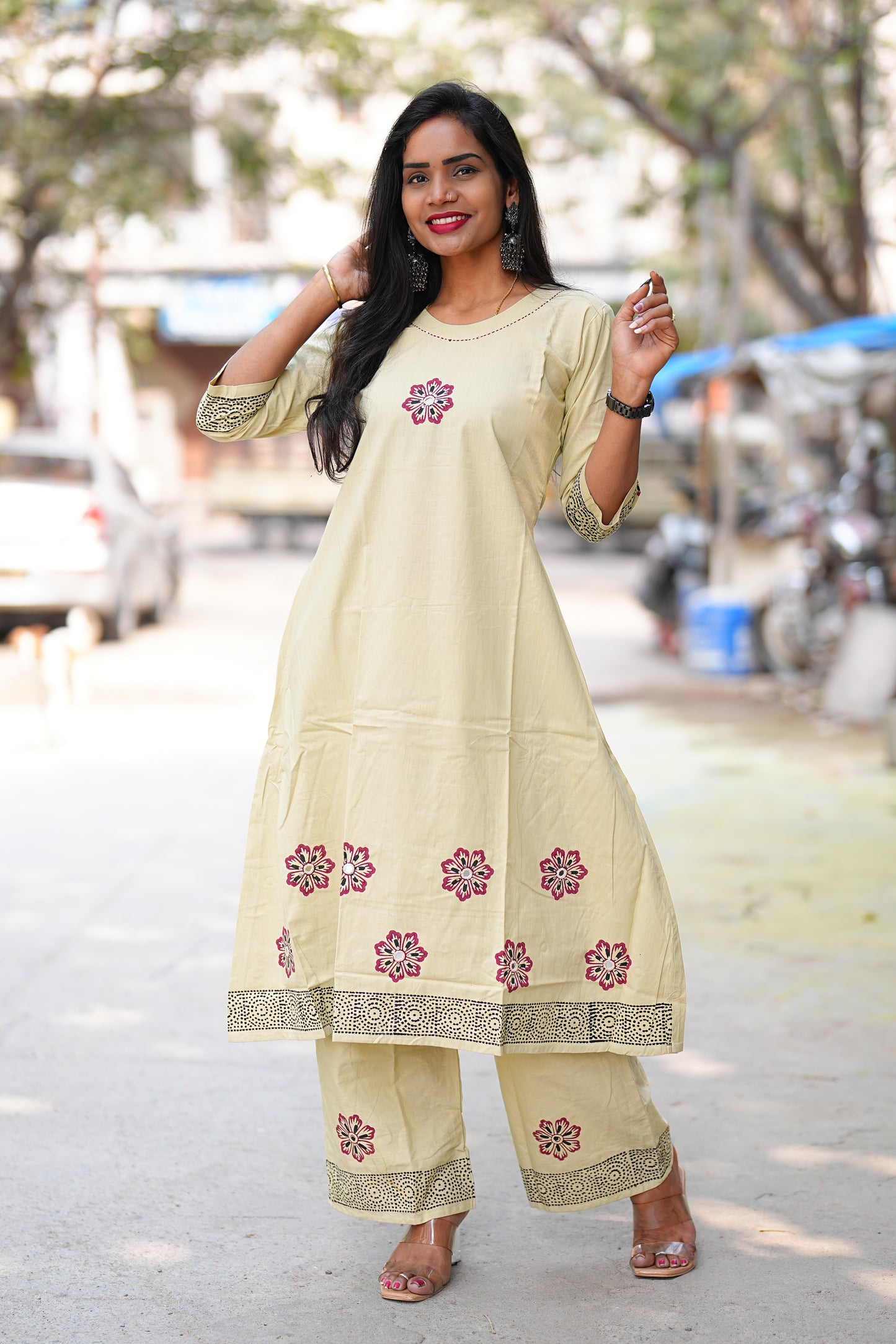 Beige Color Jaipur Cotton Cordset With Hand Block Print