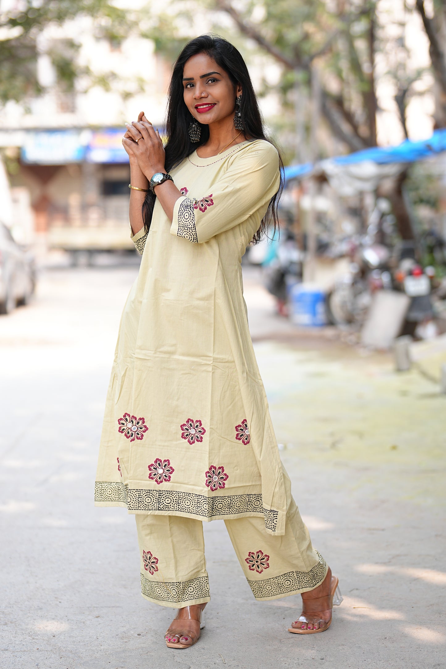 Beige Color Jaipur Cotton Cordset With Hand Block Print