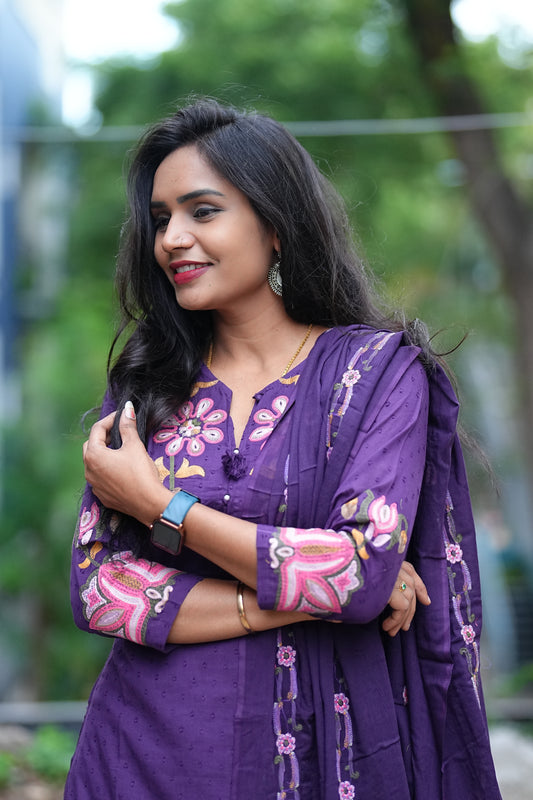 Purple Color Mul Mul Cotton 3 Piece Set With Heavy Embroirady Work and Complete Lining
