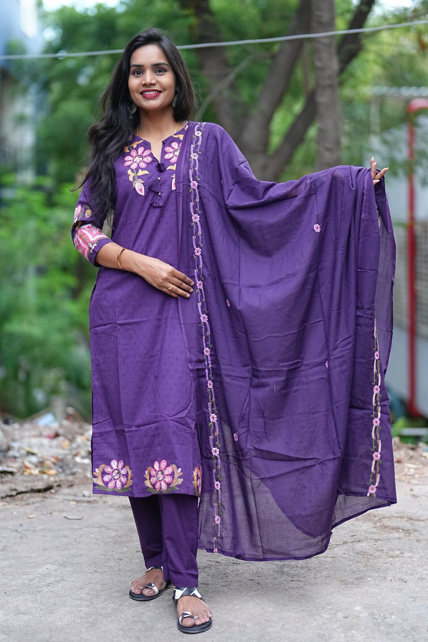 Purple Color Mul Mul Cotton 3 Piece Set With Heavy Embroirady Work and Complete Lining