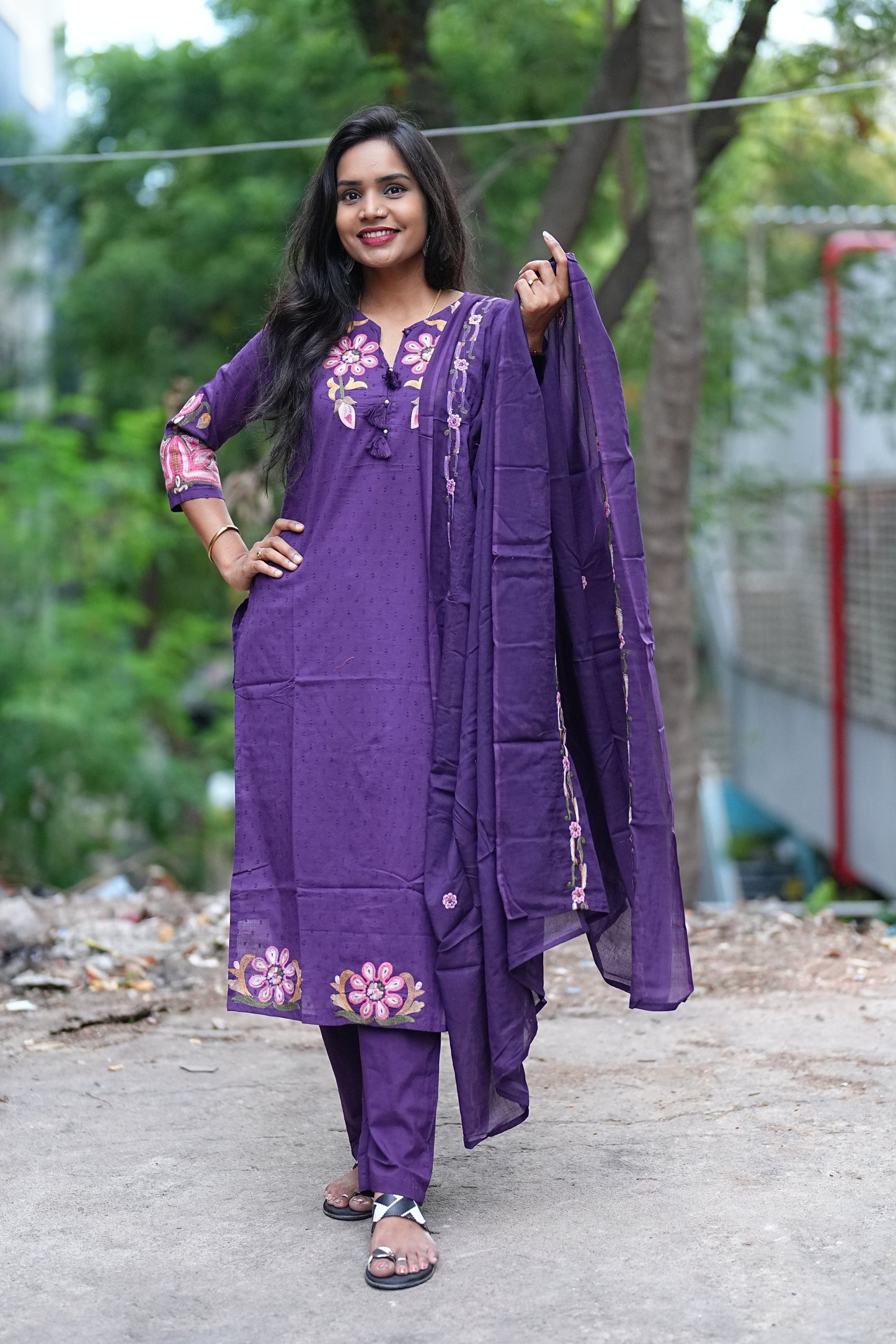 Purple Color Mul Mul Cotton 3 Piece Set With Heavy Embroirady Work and Complete Lining
