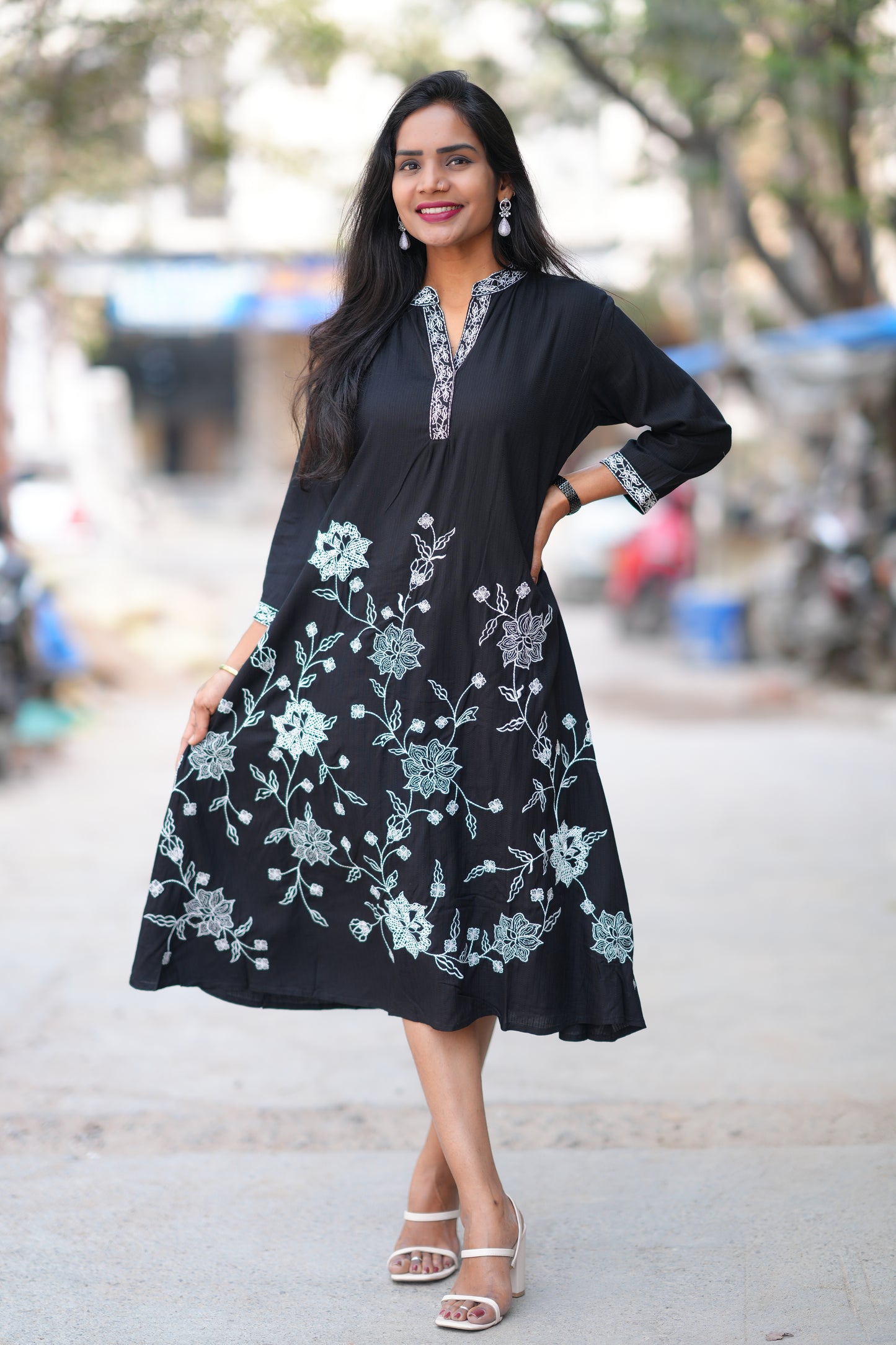 Black Color Mul Cotton Frock With Embroidery Work and Complete Lining