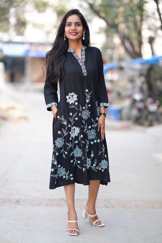 Black Color Mul Cotton Frock With Embroidery Work and Complete Lining