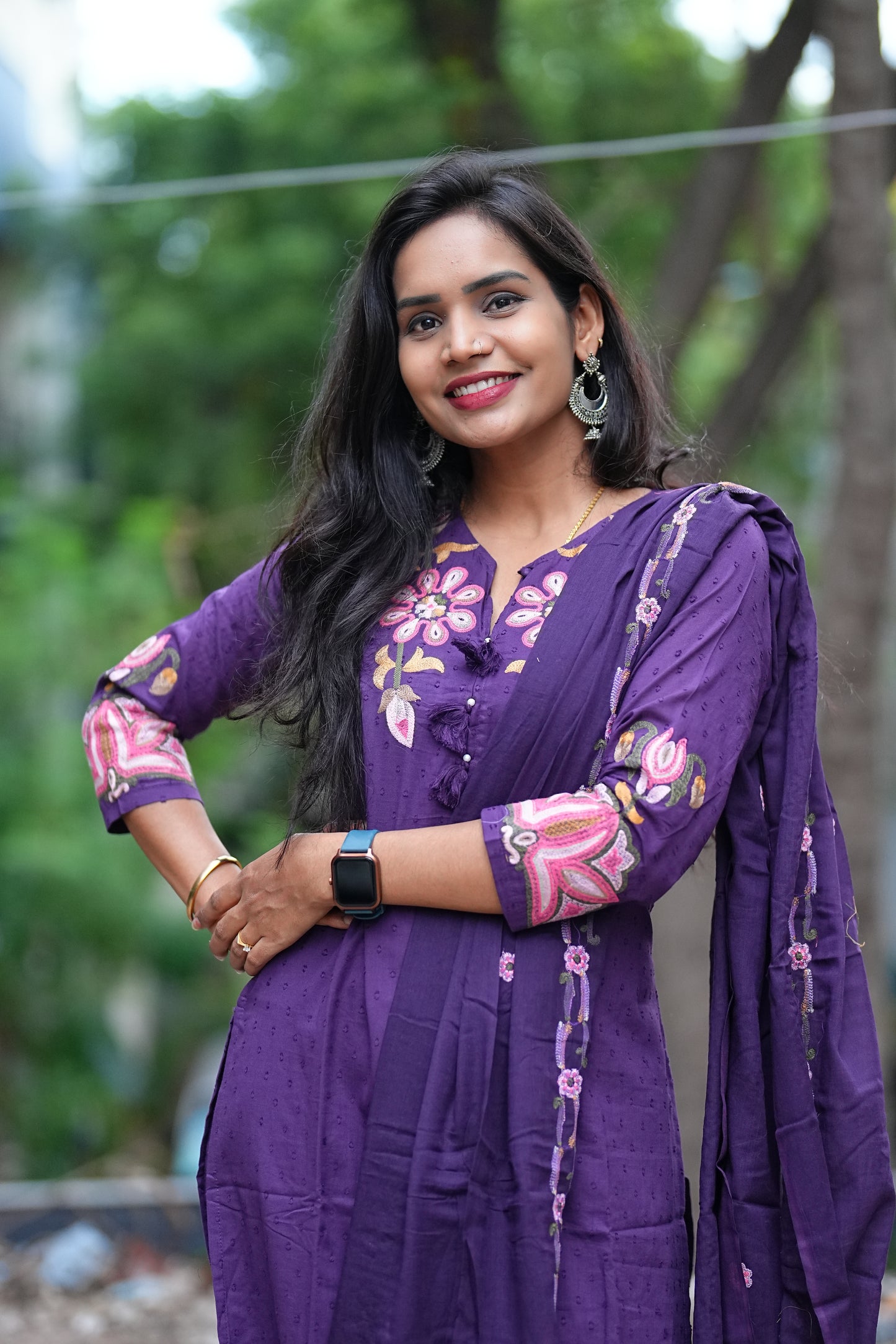 Purple Color Mul Mul Cotton 3 Piece Set With Heavy Embroirady Work and Complete Lining