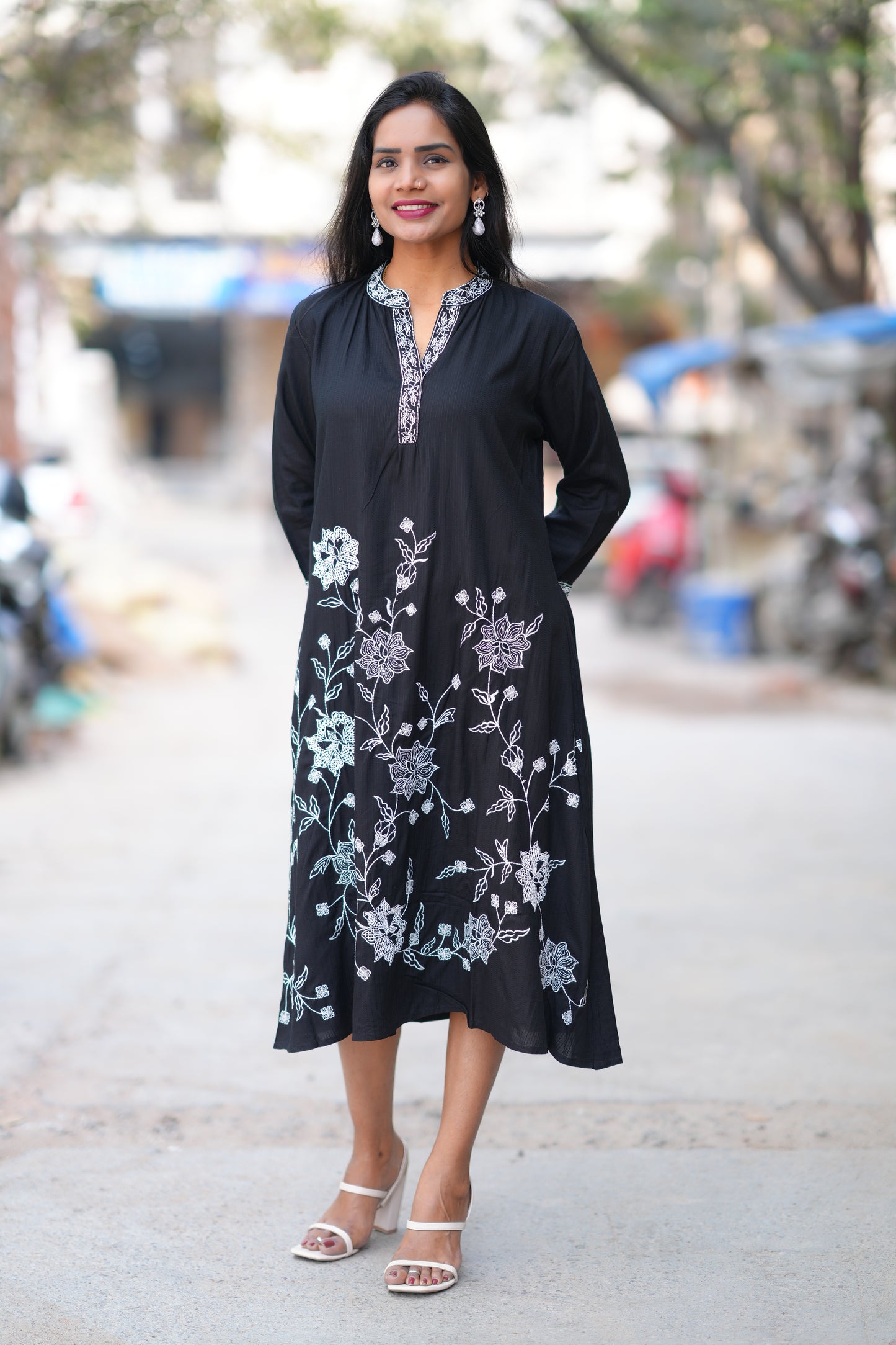 Black Color Mul Cotton Frock With Embroidery Work and Complete Lining