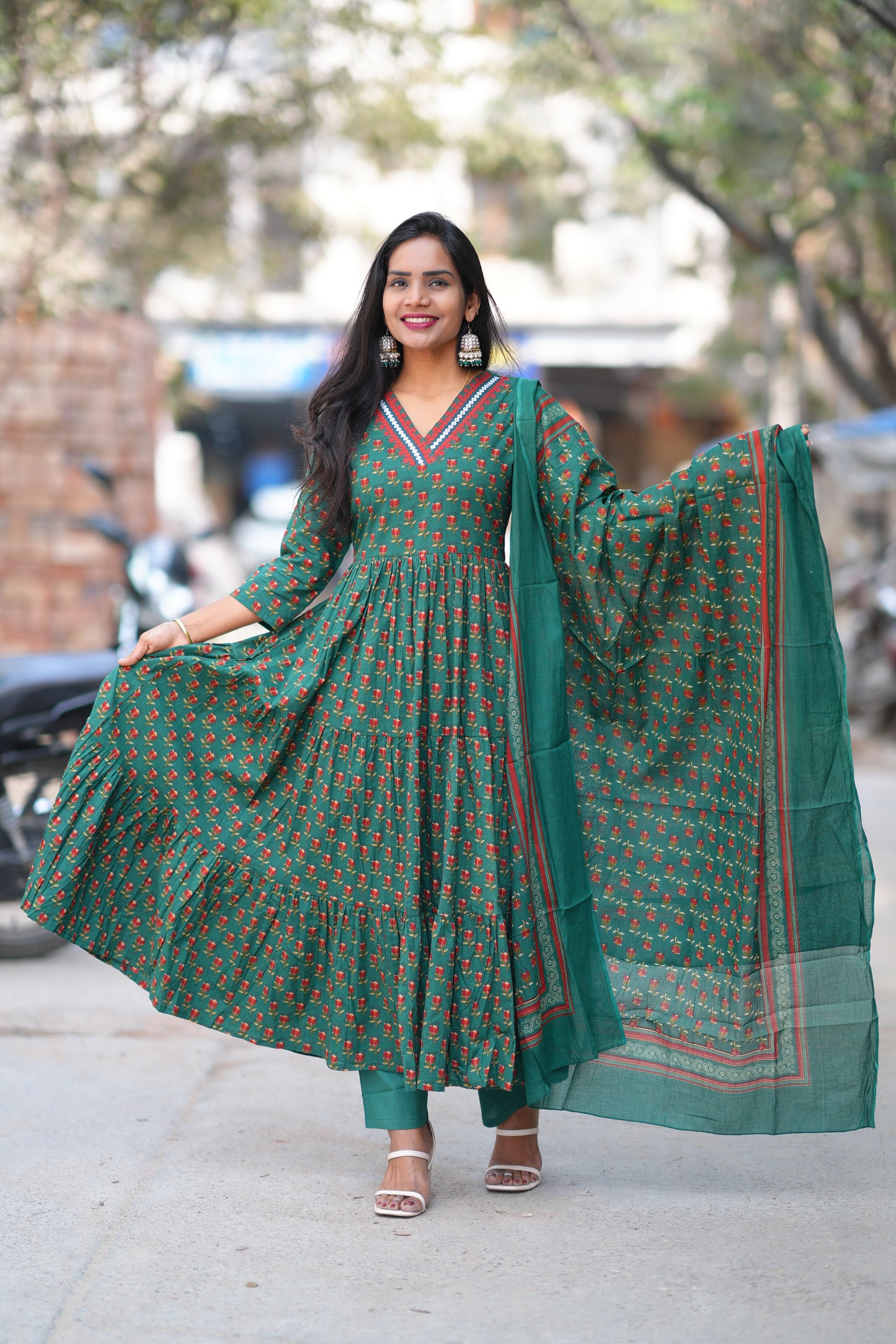 Green Color Jaipur Cotton Anarkali 3 Piece Set With Complete Lining
