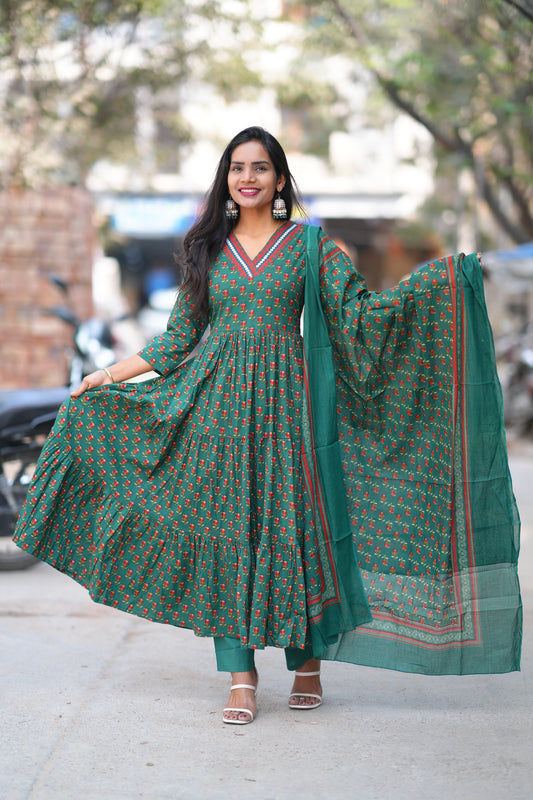 Green Color Jaipur Cotton Anarkali 3 Piece Set With Complete Lining