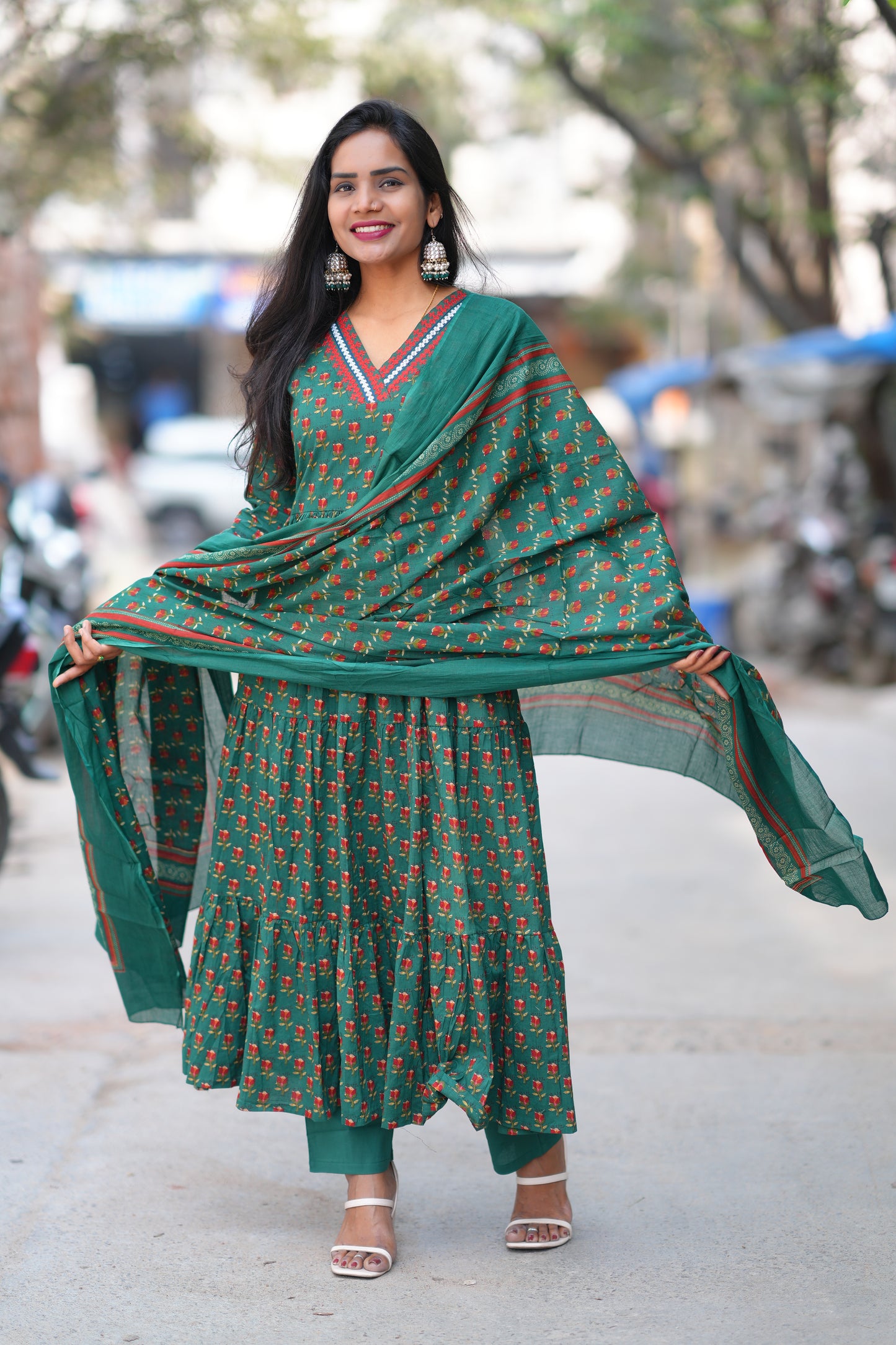 Green Color Jaipur Cotton Anarkali 3 Piece Set With Complete Lining